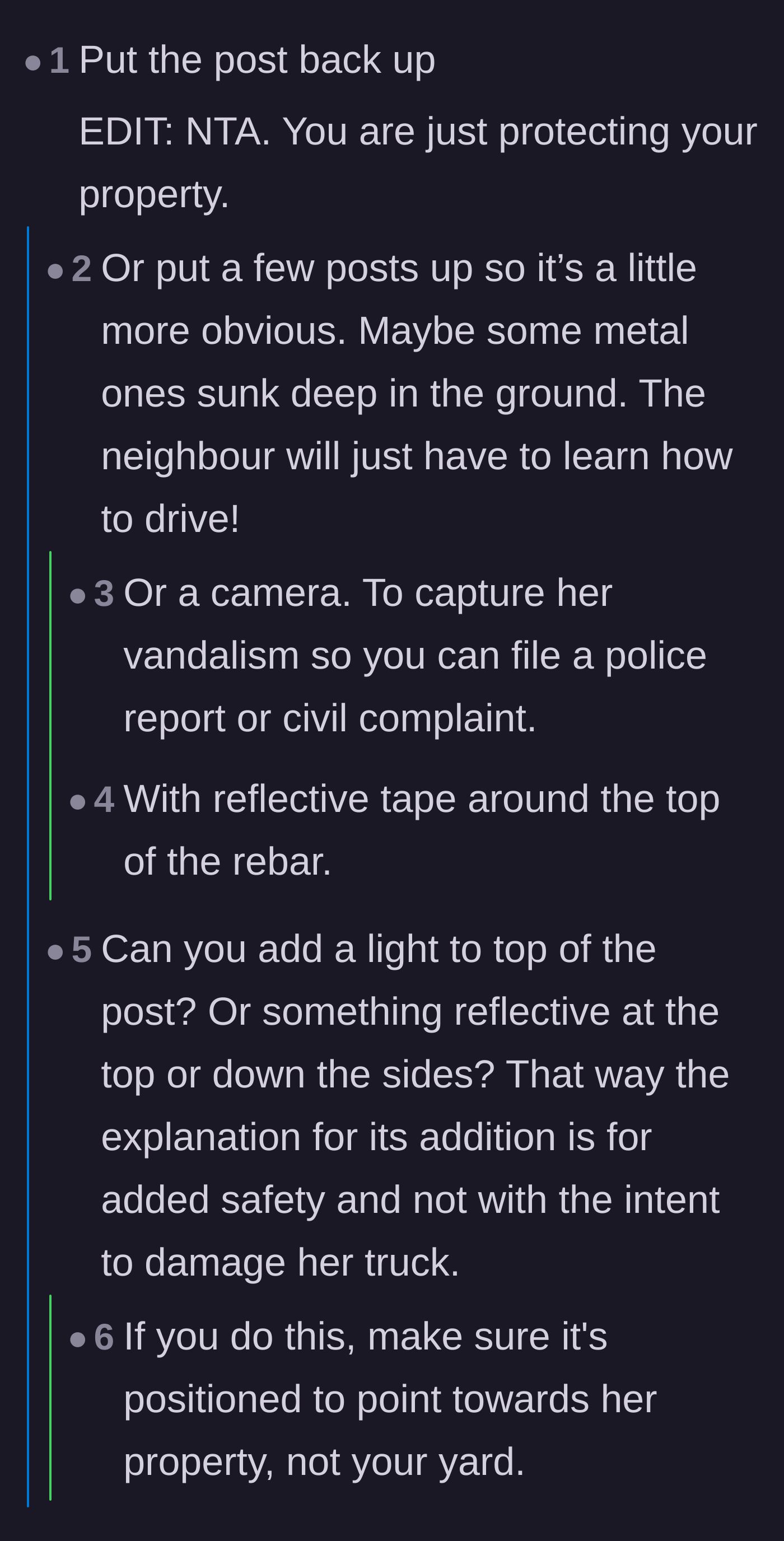Comment thread 1 - Readers suggesting practical ways to fortify the property line with cameras and reflective posts.