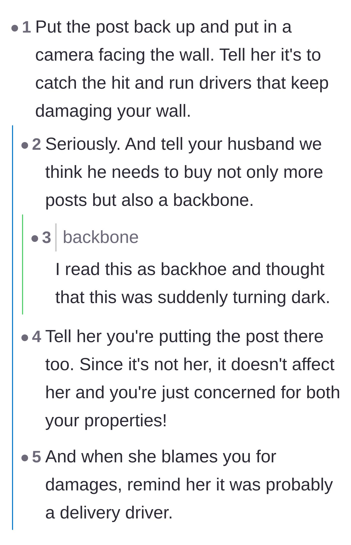Comment thread 2 - Commenters advising the homeowner to use the neighbor's delivery driver excuse against her while installing cameras.
