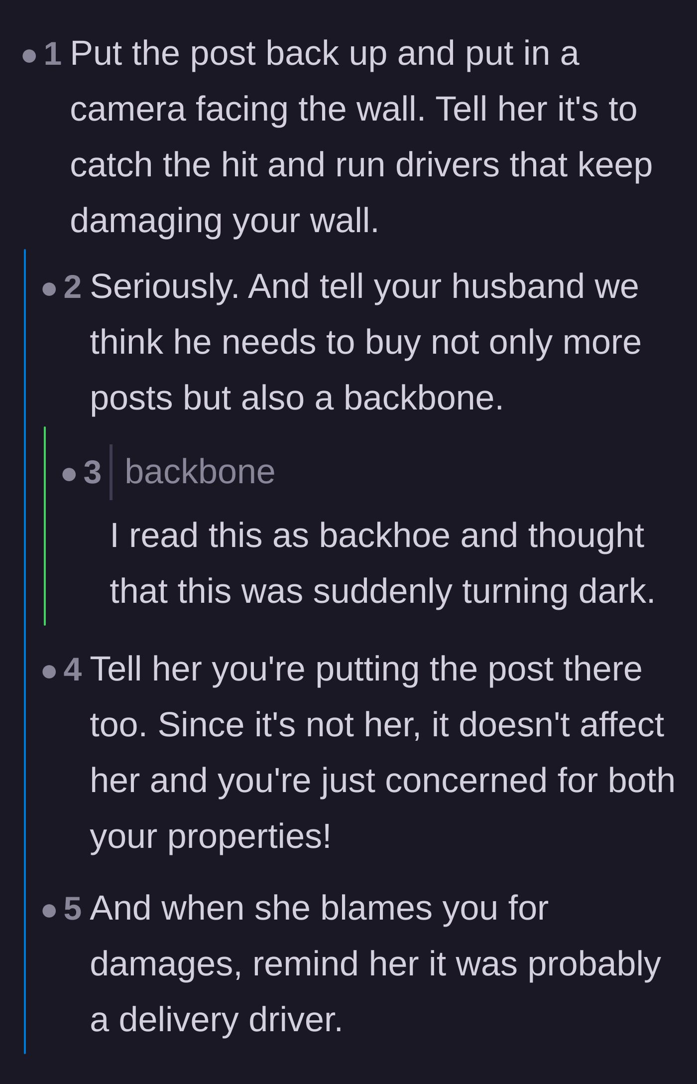 Comment thread 2 - Commenters advising the homeowner to use the neighbor's delivery driver excuse against her while installing cameras.