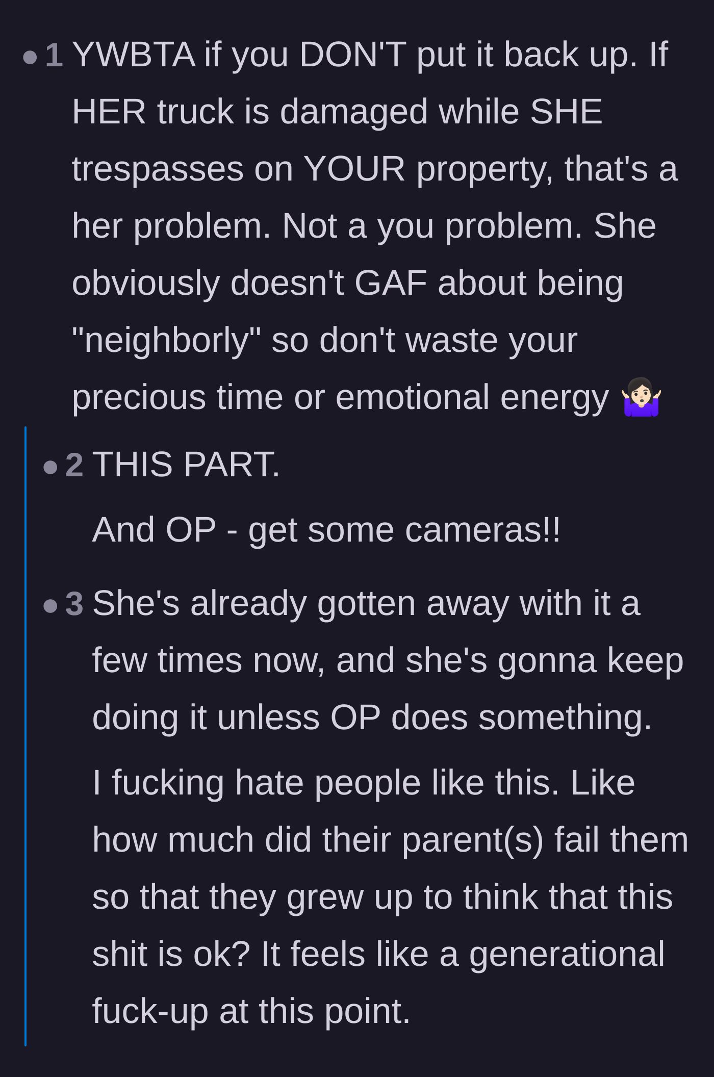 Comment thread 3 - A discussion emphasizing that any damage to the neighbor's truck while trespassing is entirely her own fault.