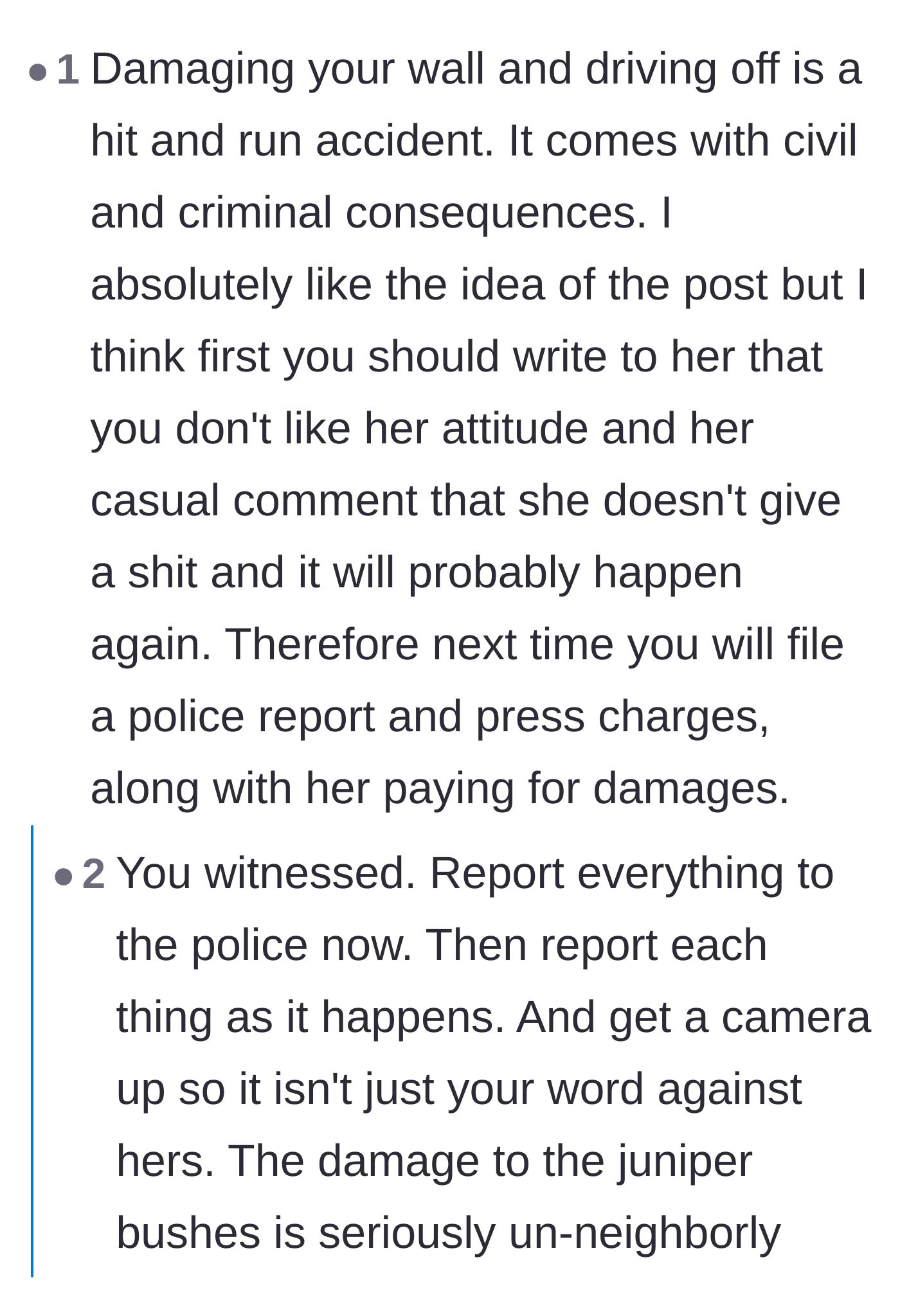 Comment thread 6 - Advice on treating the repeated property damage as a criminal hit-and-run and bringing in the police.