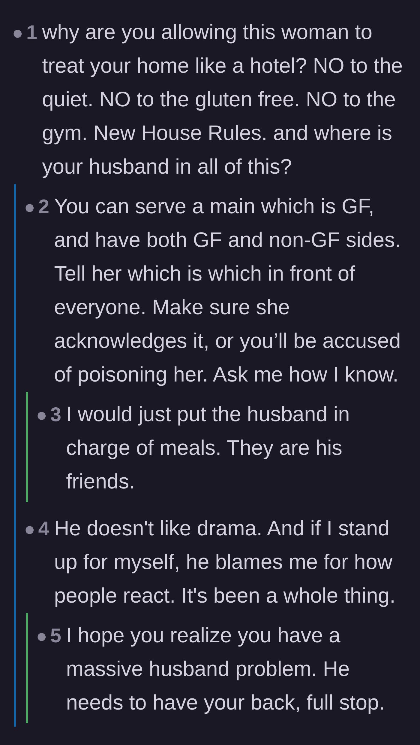 Comment thread 2 - Commenters call out the husband's failure to support his wife, diagnosing a major partner problem.