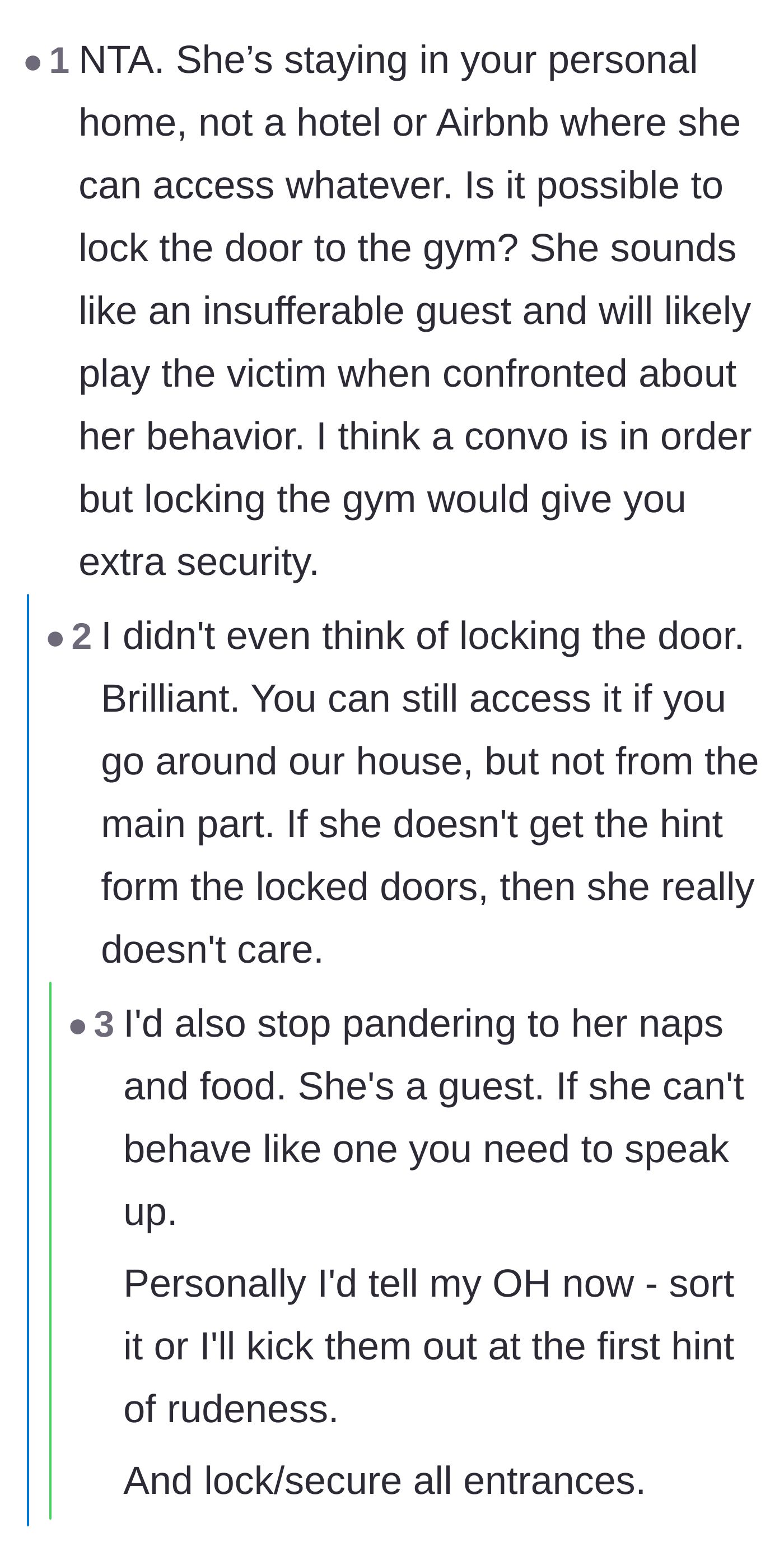 Comment thread 3 - Users suggest locking the gym doors since the guest is guaranteed to play the victim if confronted.