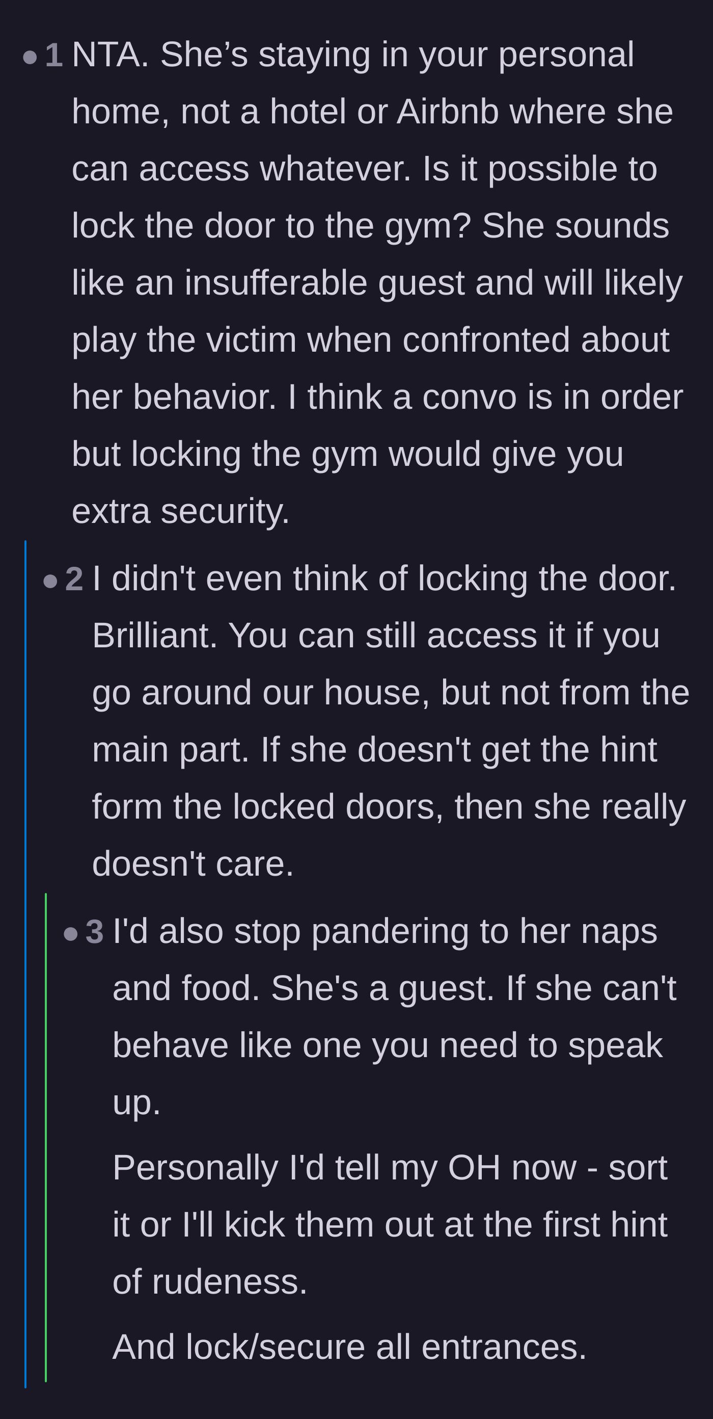 Comment thread 3 - Users suggest locking the gym doors since the guest is guaranteed to play the victim if confronted.