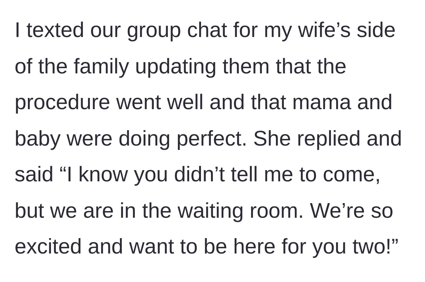Story part 2 - The husband sends a post-surgery update to the family group chat, only for the mother-in-law to reveal she is already in the waiting room uninvited.
