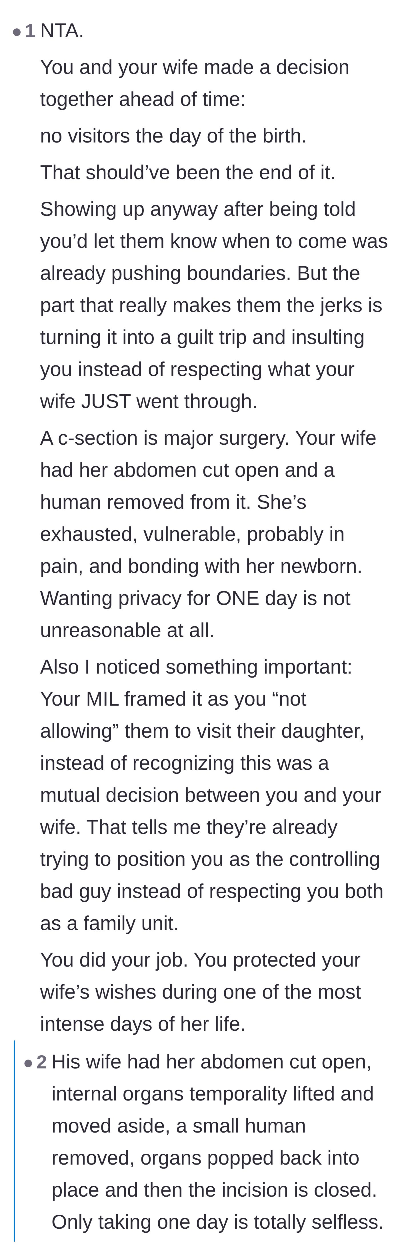 Comment thread 1 - A breakdown of the physical trauma of a C-section and the manipulative way the mother-in-law framed the husband's boundary.
