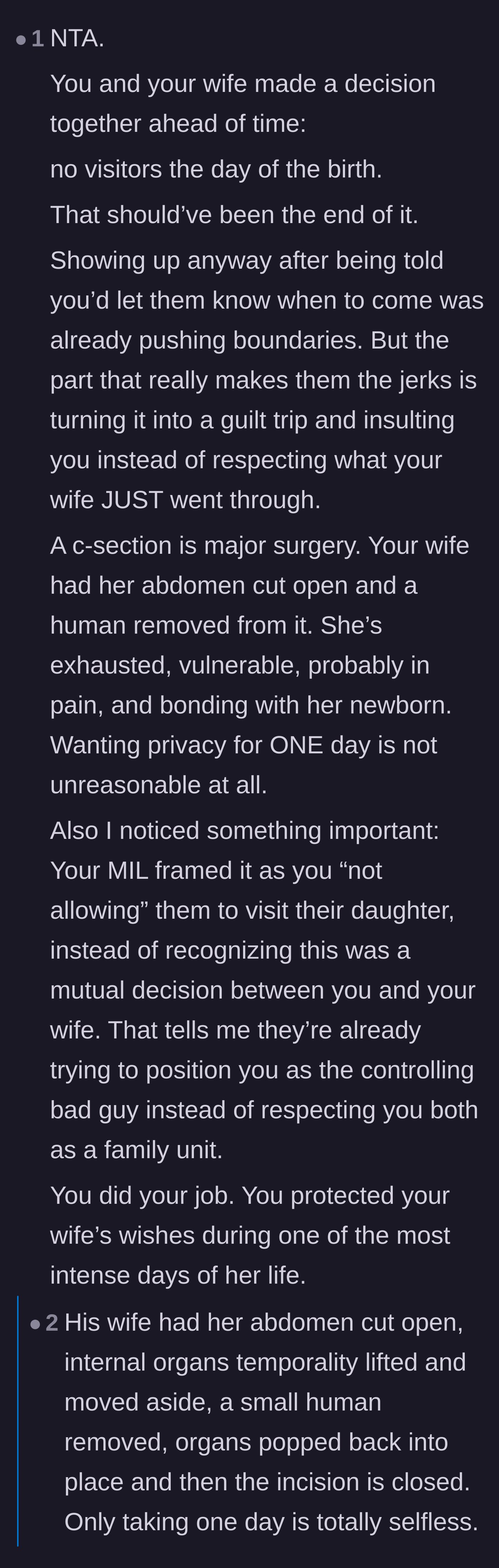 Comment thread 1 - A breakdown of the physical trauma of a C-section and the manipulative way the mother-in-law framed the husband's boundary.