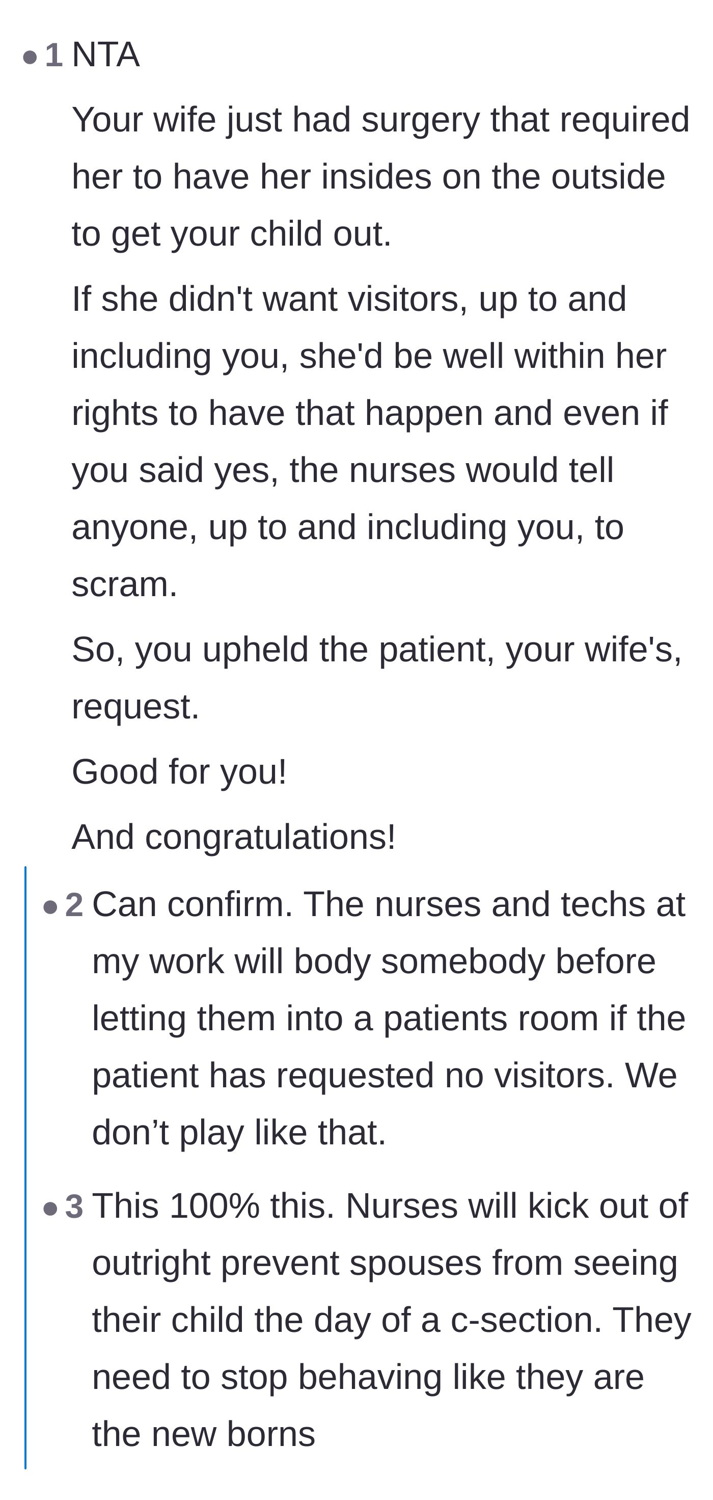 Comment thread 3 - Healthcare workers confirming that maternity nurses will happily kick out unwanted visitors.