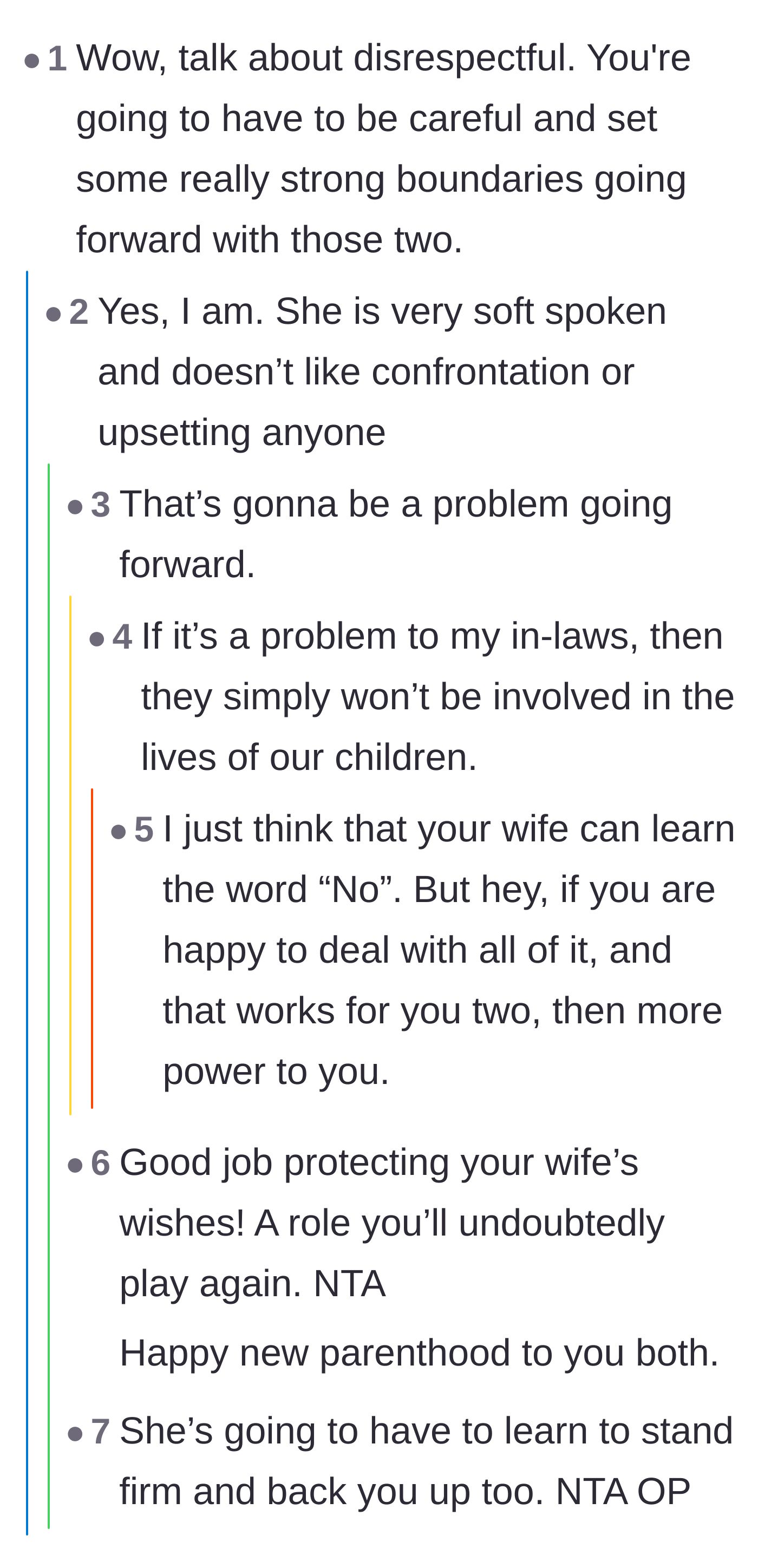 Comment thread 5 - A discussion about the wife's fear of confrontation and how the husband will need to continue enforcing these hard limits.