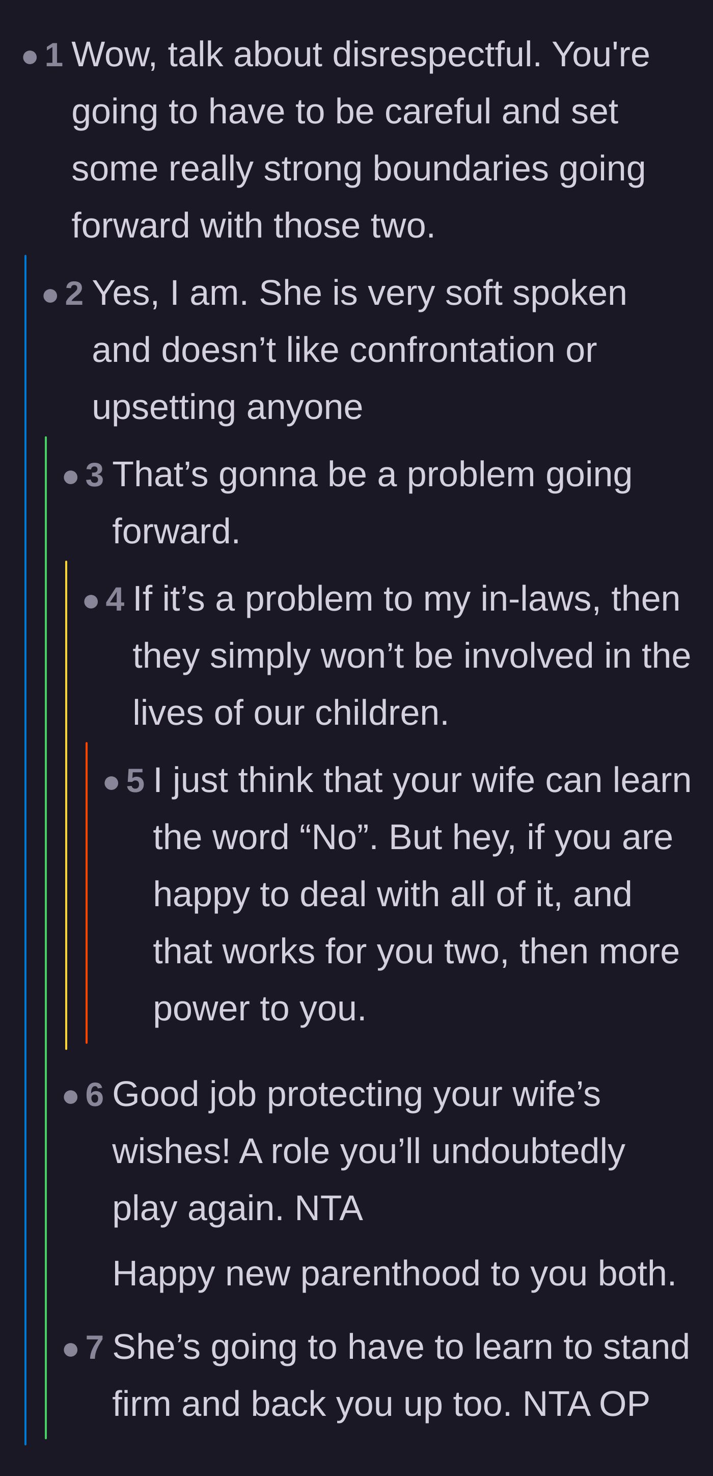 Comment thread 5 - A discussion about the wife's fear of confrontation and how the husband will need to continue enforcing these hard limits.