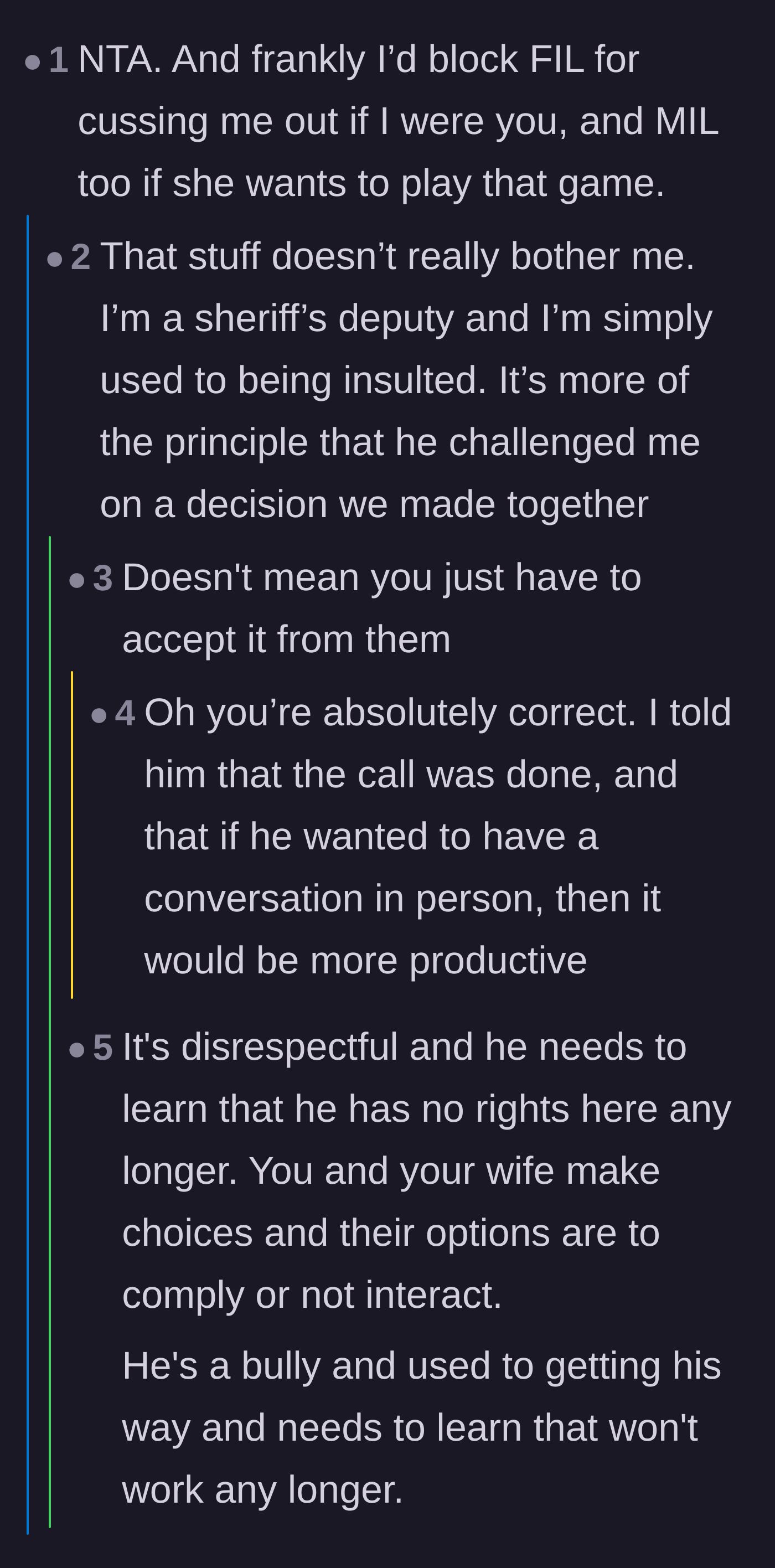 Comment thread 6 - The original poster revealing his profession makes him immune to insults, but firmly rejecting his father-in-law's disrespect.