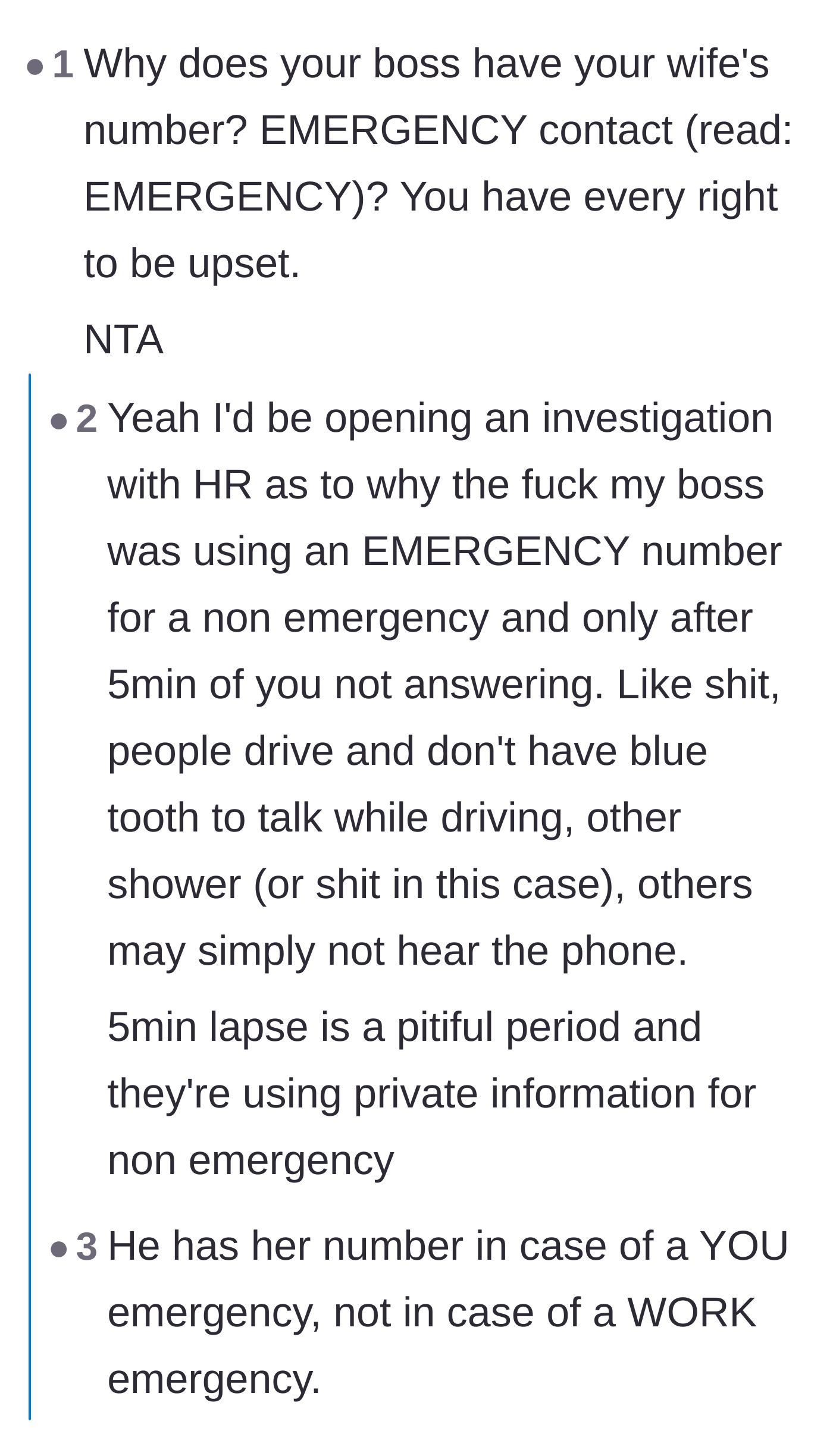 Comment thread 1 - Debating the structural misuse of emergency contact information by a boss.