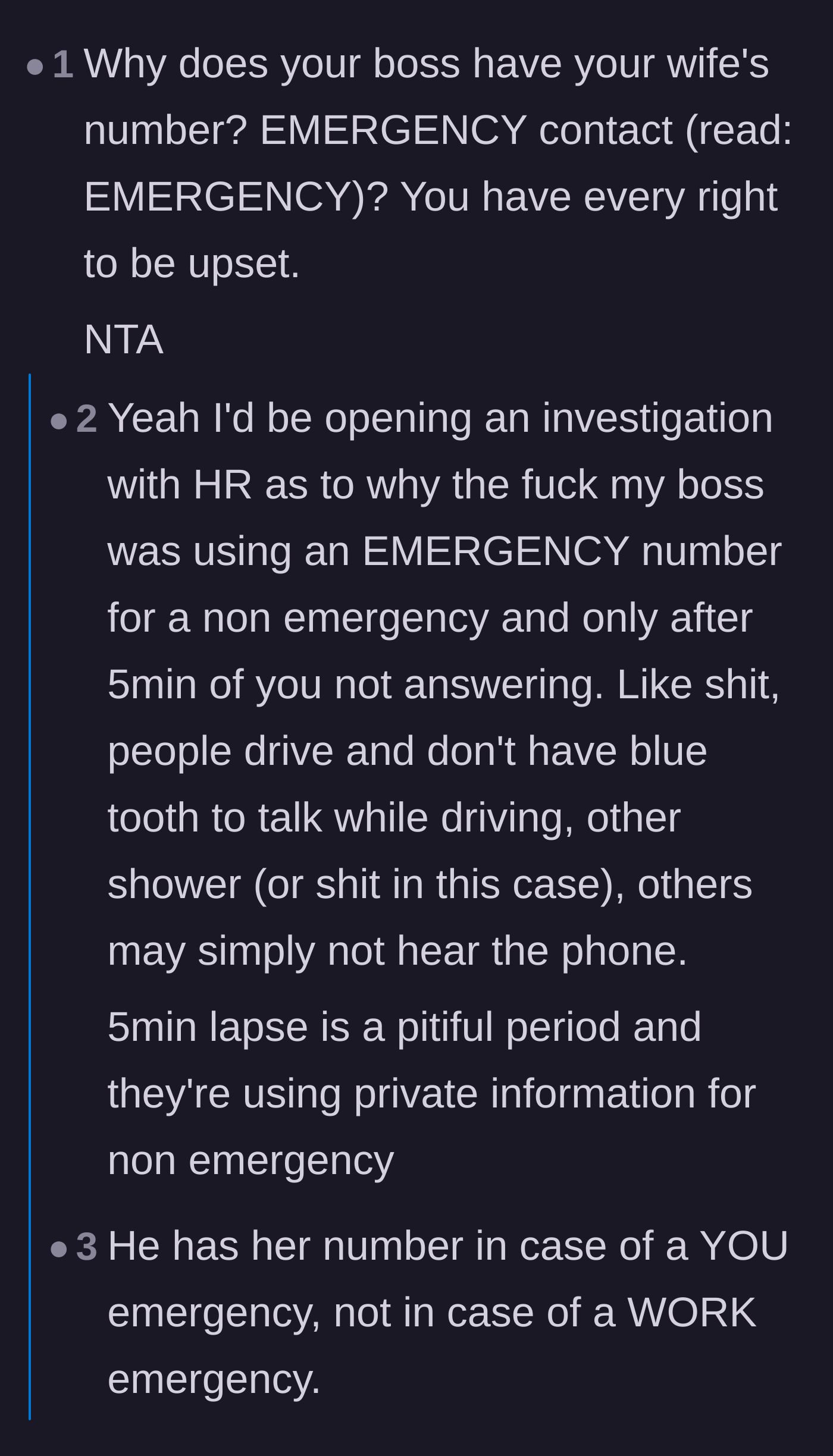 Comment thread 1 - Debating the structural misuse of emergency contact information by a boss.