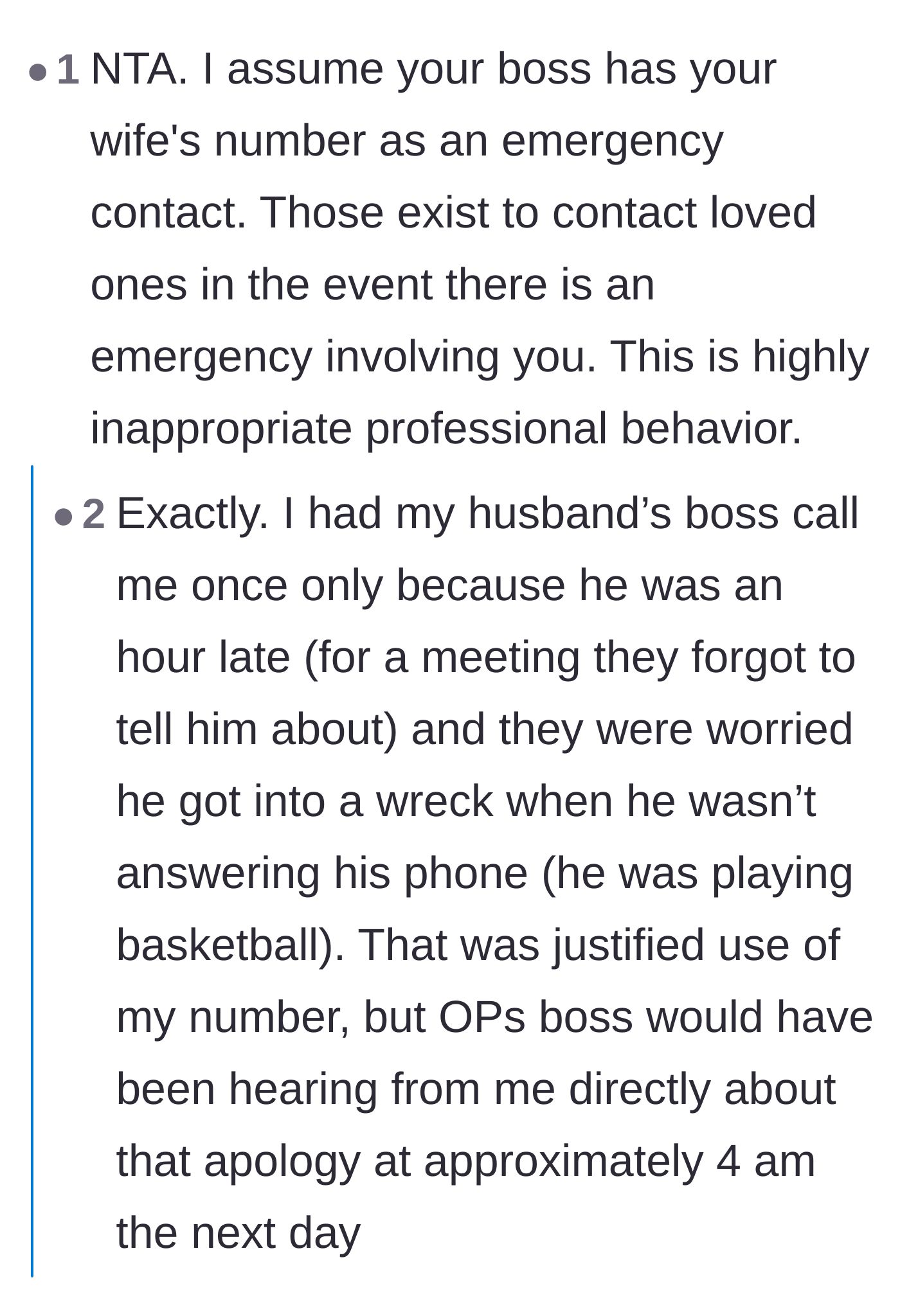 Comment thread 2 - Comparing a legitimate use of an emergency contact to the boss's inappropriate early morning call.