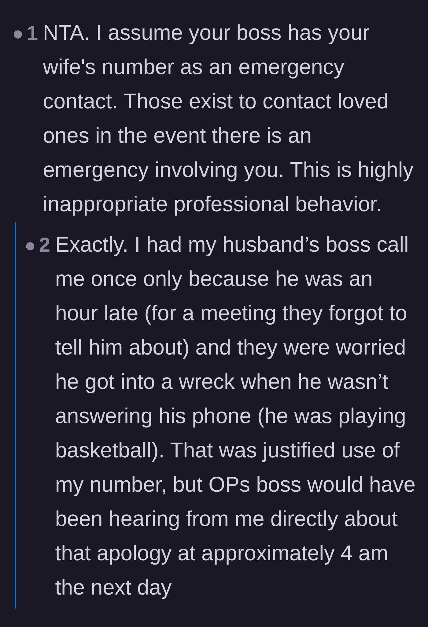 Comment thread 2 - Comparing a legitimate use of an emergency contact to the boss's inappropriate early morning call.