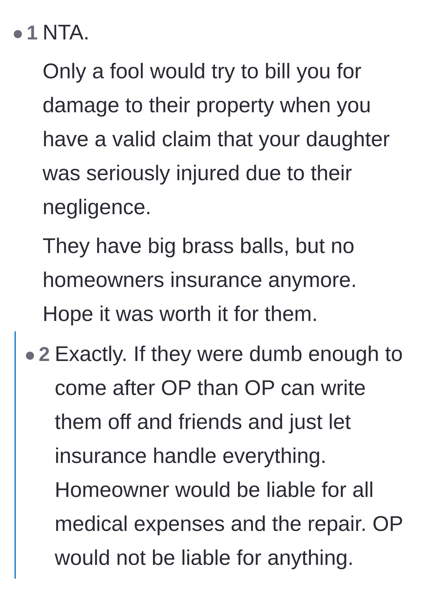 Comment thread 1 - Discussing the foolishness of demanding property reimbursement while facing severe liability for a child's injury.