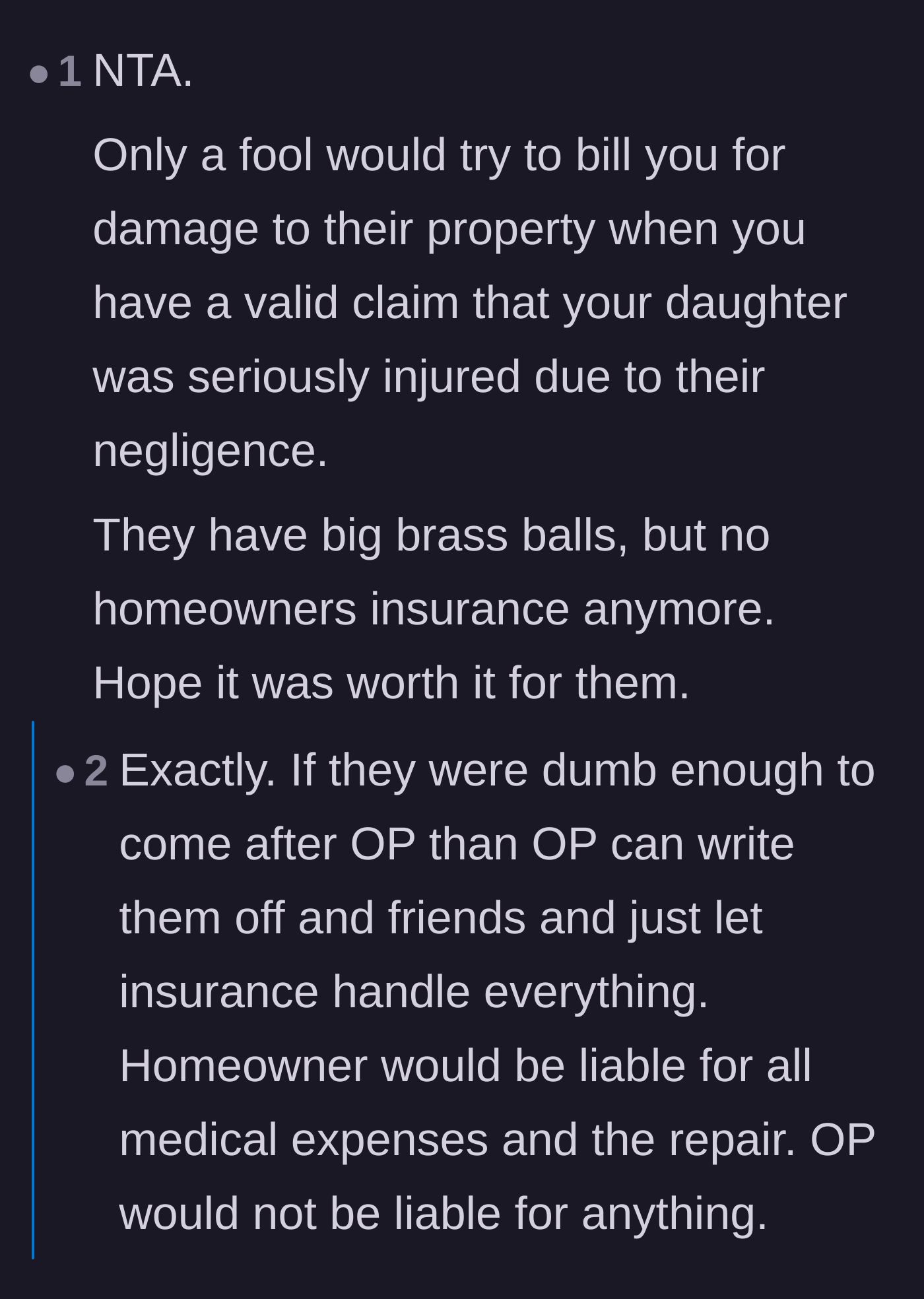 Comment thread 1 - Discussing the foolishness of demanding property reimbursement while facing severe liability for a child's injury.