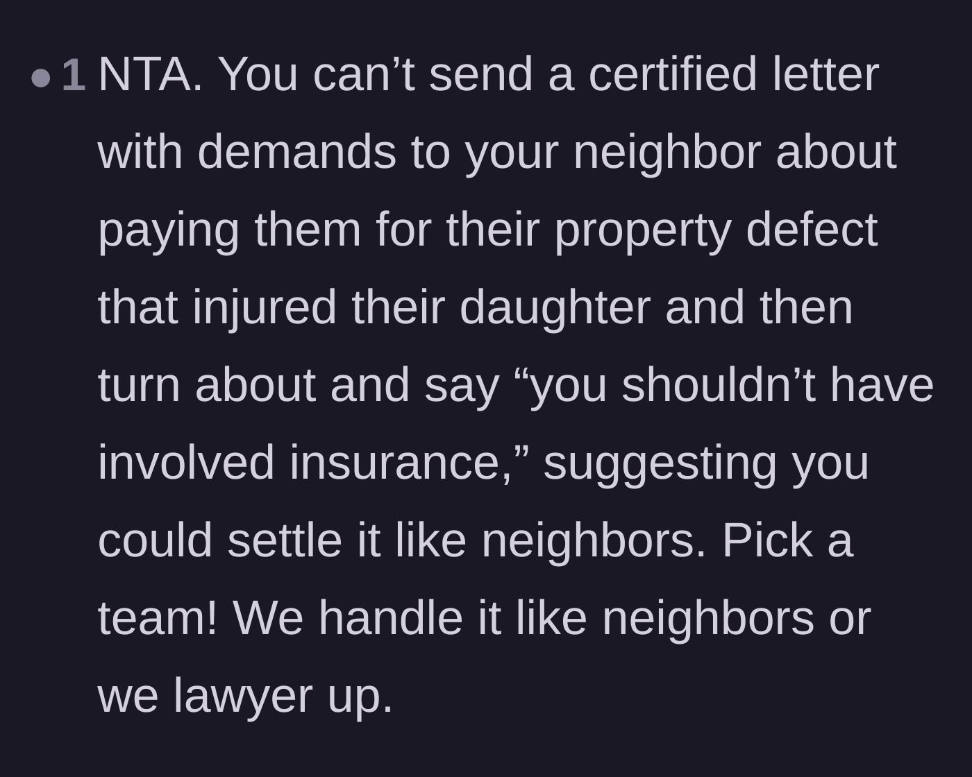 Comment thread 2 - Highlighting the hypocrisy of escalating the issue with certified mail while demanding neighborly leniency.