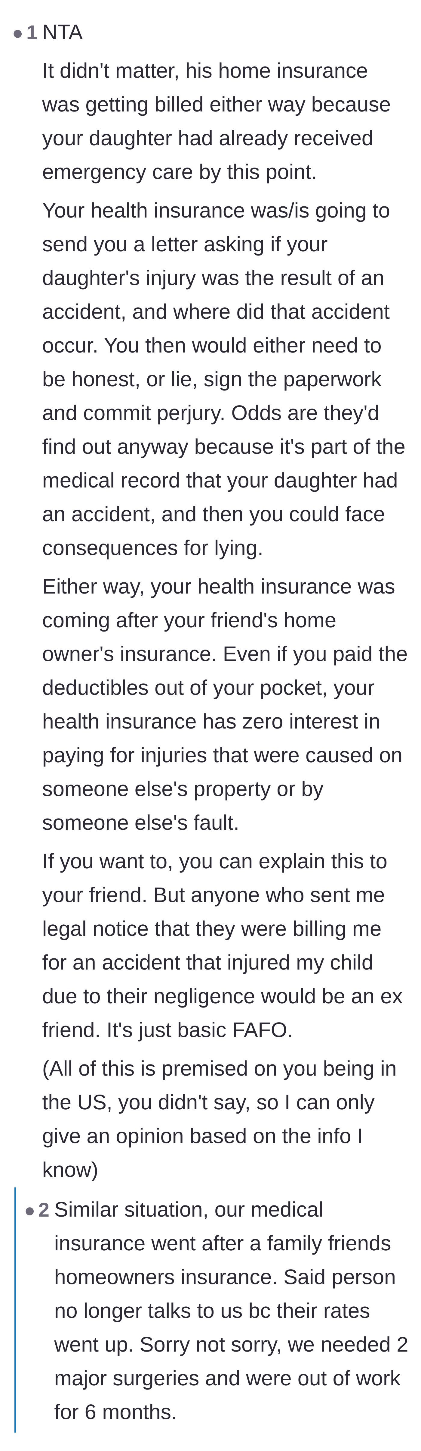 Comment thread 4 - Explaining how medical insurance subrogation makes the homeowner's insurance claim an unavoidable reality.