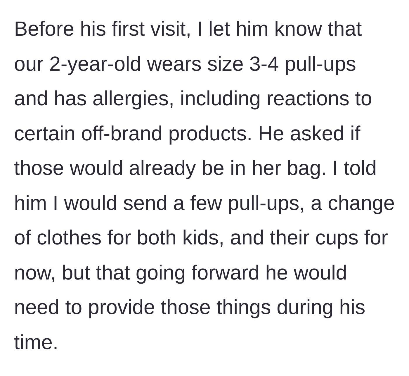 Story part 2 - Mother informs father of child's allergy needs and future supply expectations