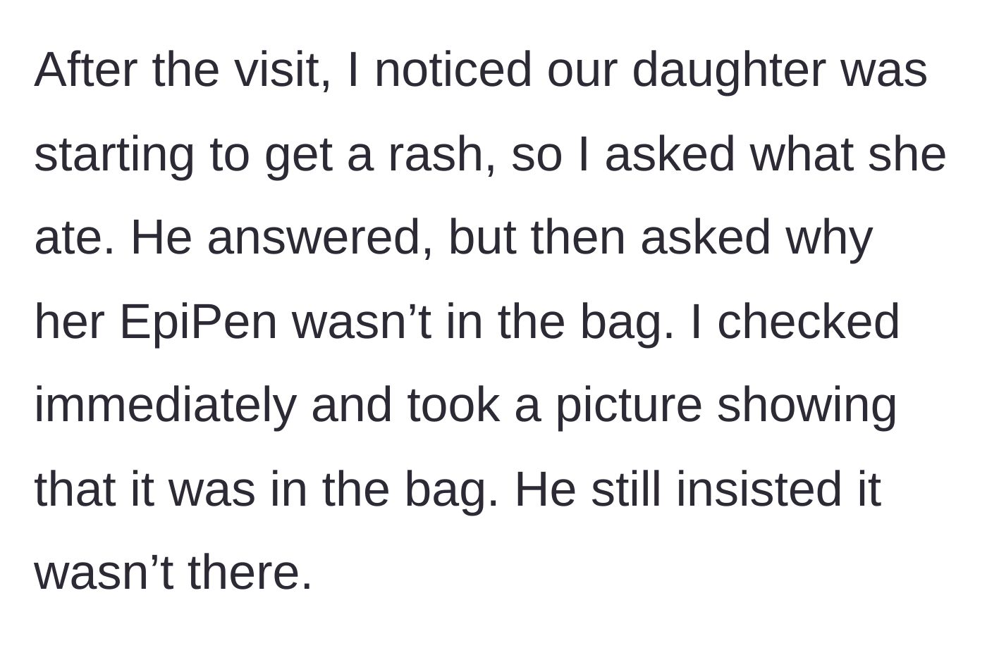 Story part 3 - Child develops an allergic rash while father falsely claims the EpiPen was missing