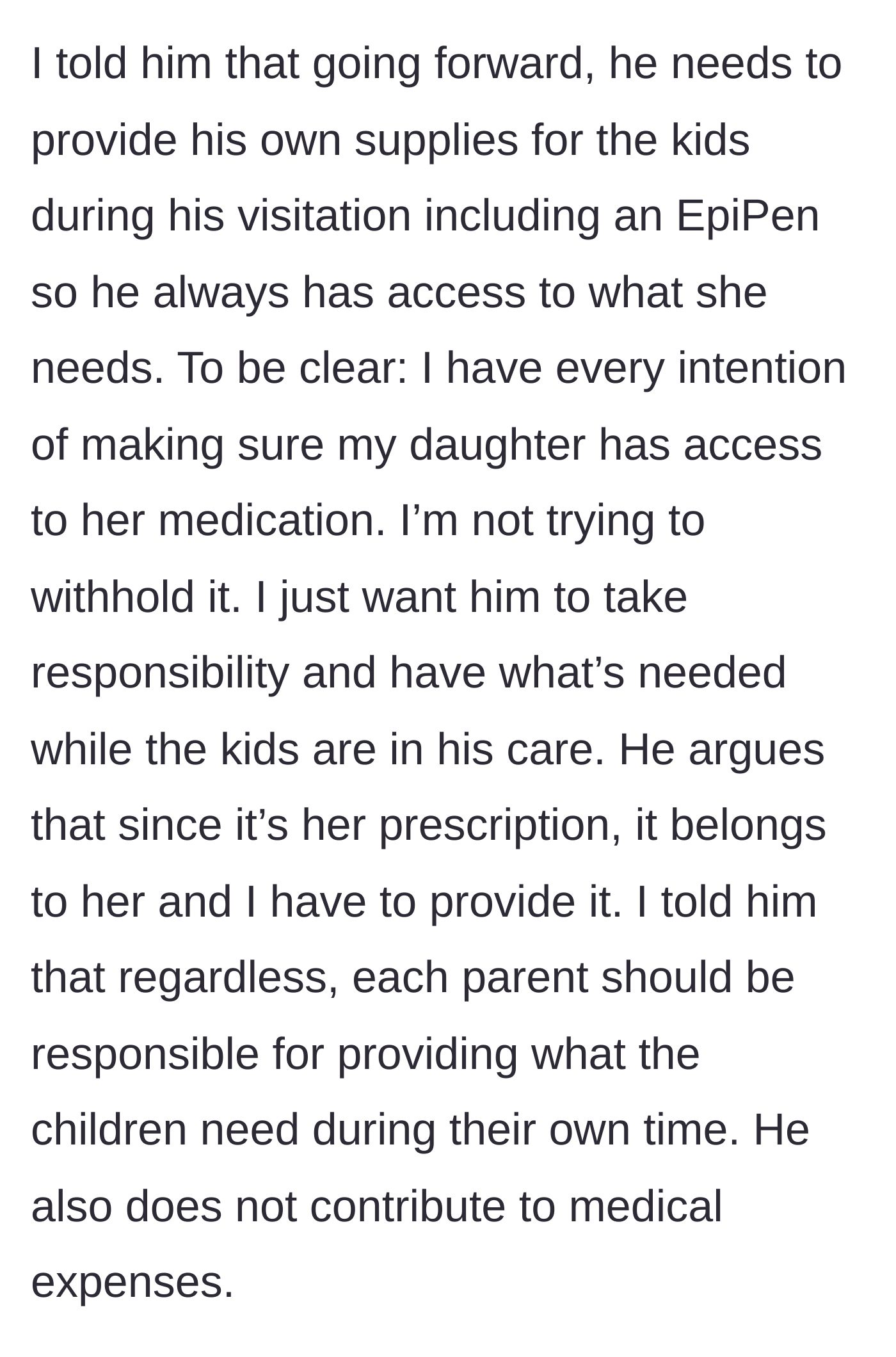 Story part 4 - Mother demands father buy his own EpiPen, but he argues the mother must supply it