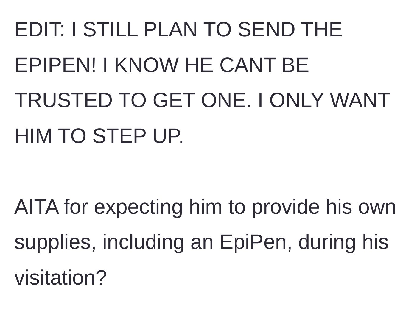 Story part 6 - Mother clarifies she will still send the EpiPen to keep her child safe but wants the father to take responsibility