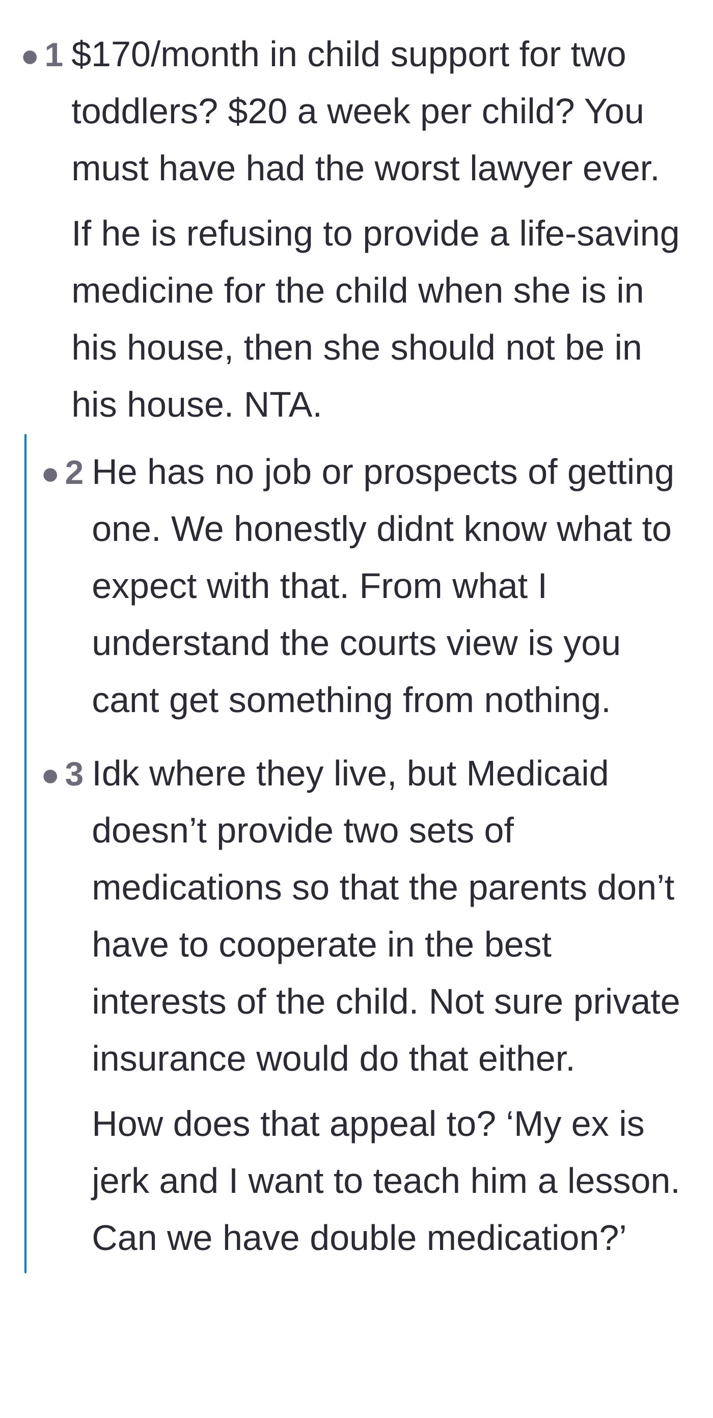 Comment thread 1 - Discussion about the shockingly low child support amount and insurance limitations on duplicate prescriptions