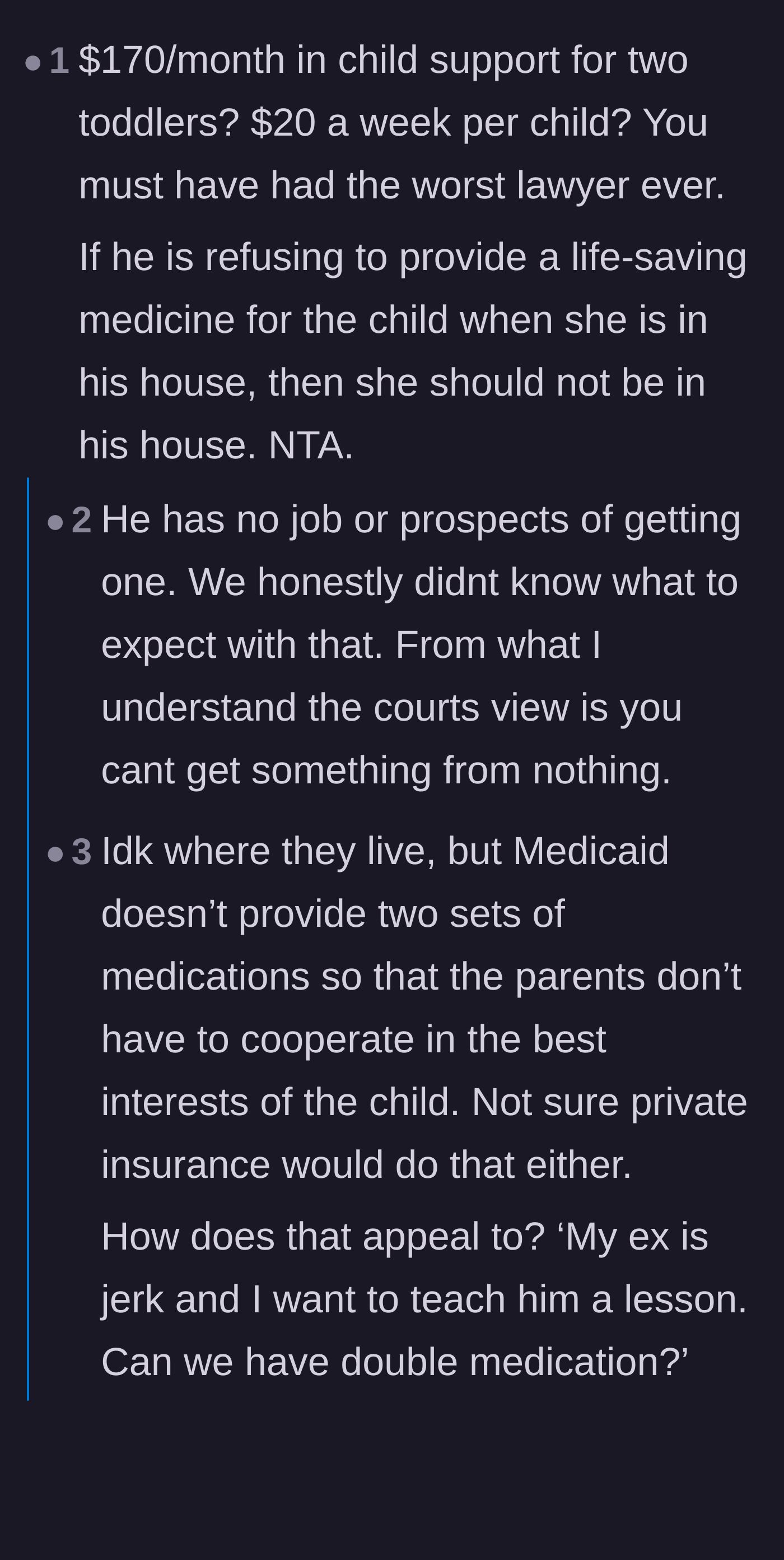 Comment thread 1 - Discussion about the shockingly low child support amount and insurance limitations on duplicate prescriptions