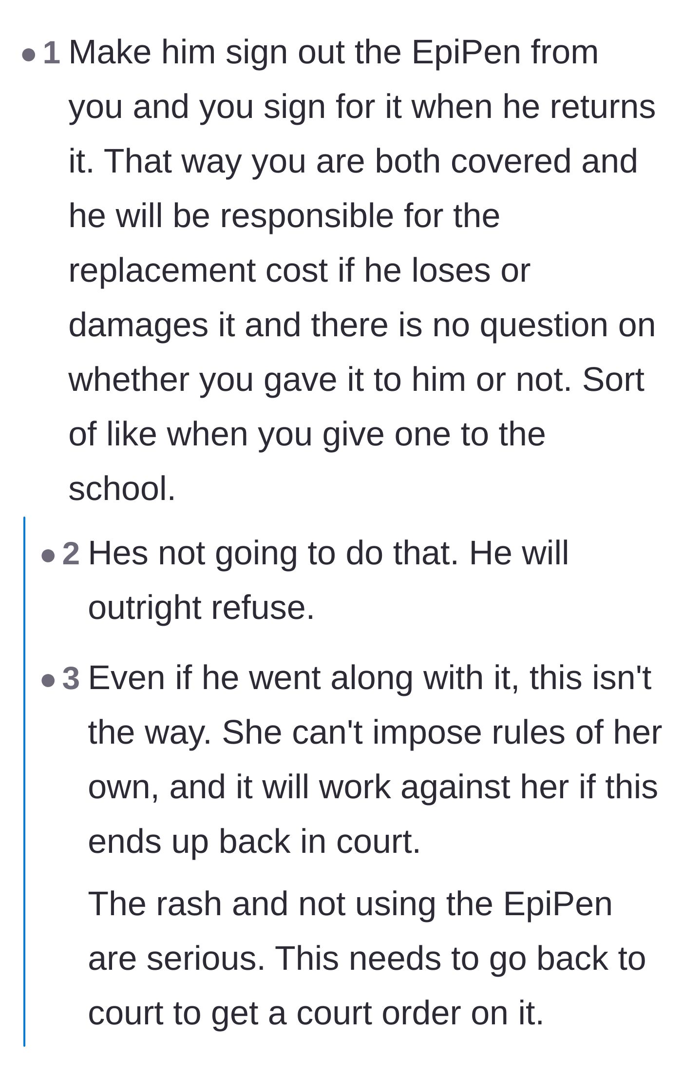 Comment thread 2 - Debate over whether the mother should create a formal sign-out sheet to track the EpiPen handoff