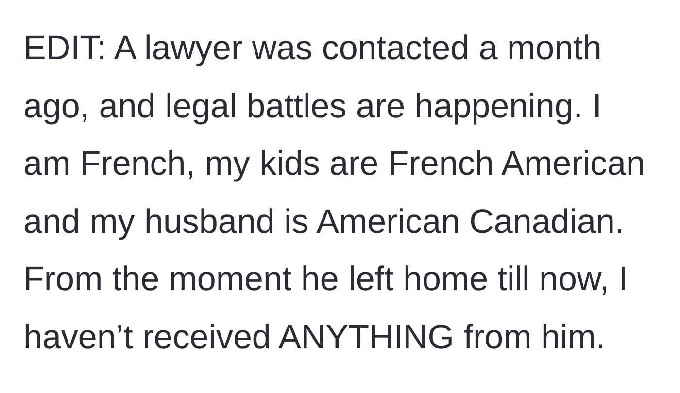 Story part 5 - An edit reveals that the mother has hired a lawyer for a cross-border legal battle, noting she hasn't received any support from her husband since he left.