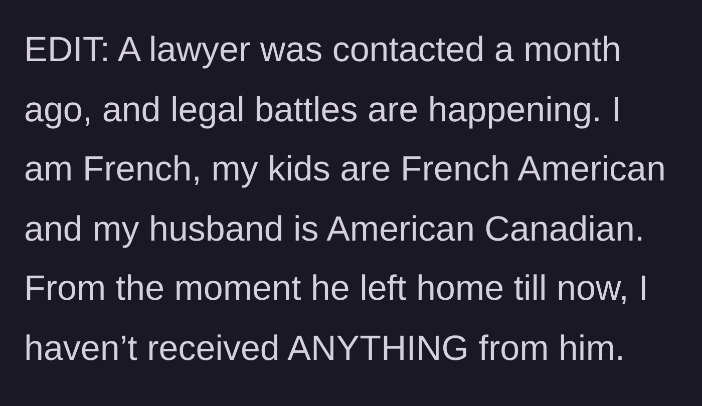Story part 5 - An edit reveals that the mother has hired a lawyer for a cross-border legal battle, noting she hasn't received any support from her husband since he left.