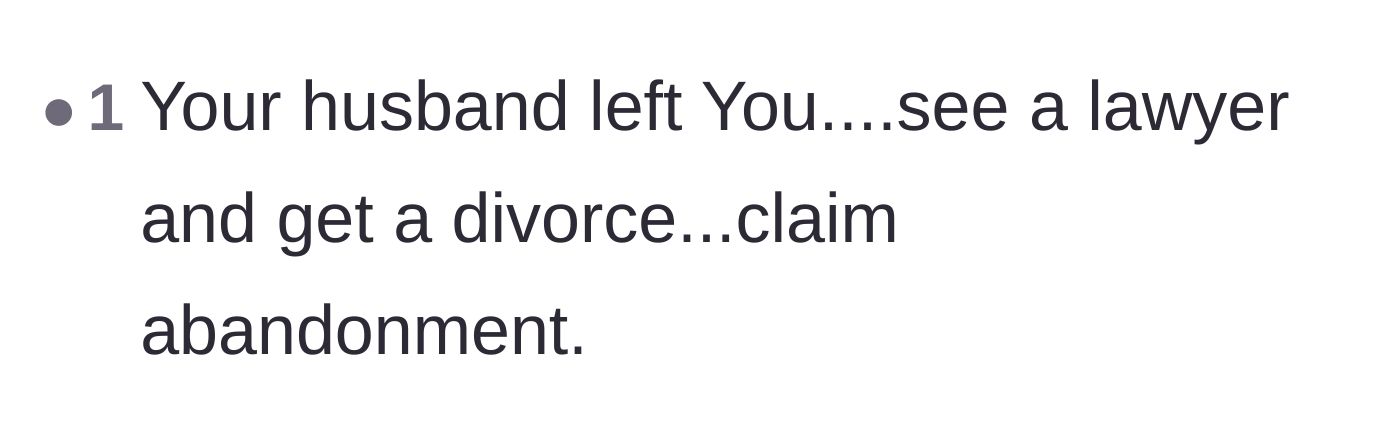 Comment thread 3 - Blunt advice telling the mother to file for divorce and claim spousal abandonment.