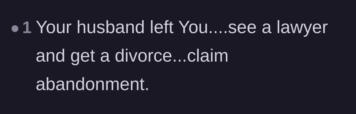 Comment thread 3 - Blunt advice telling the mother to file for divorce and claim spousal abandonment.