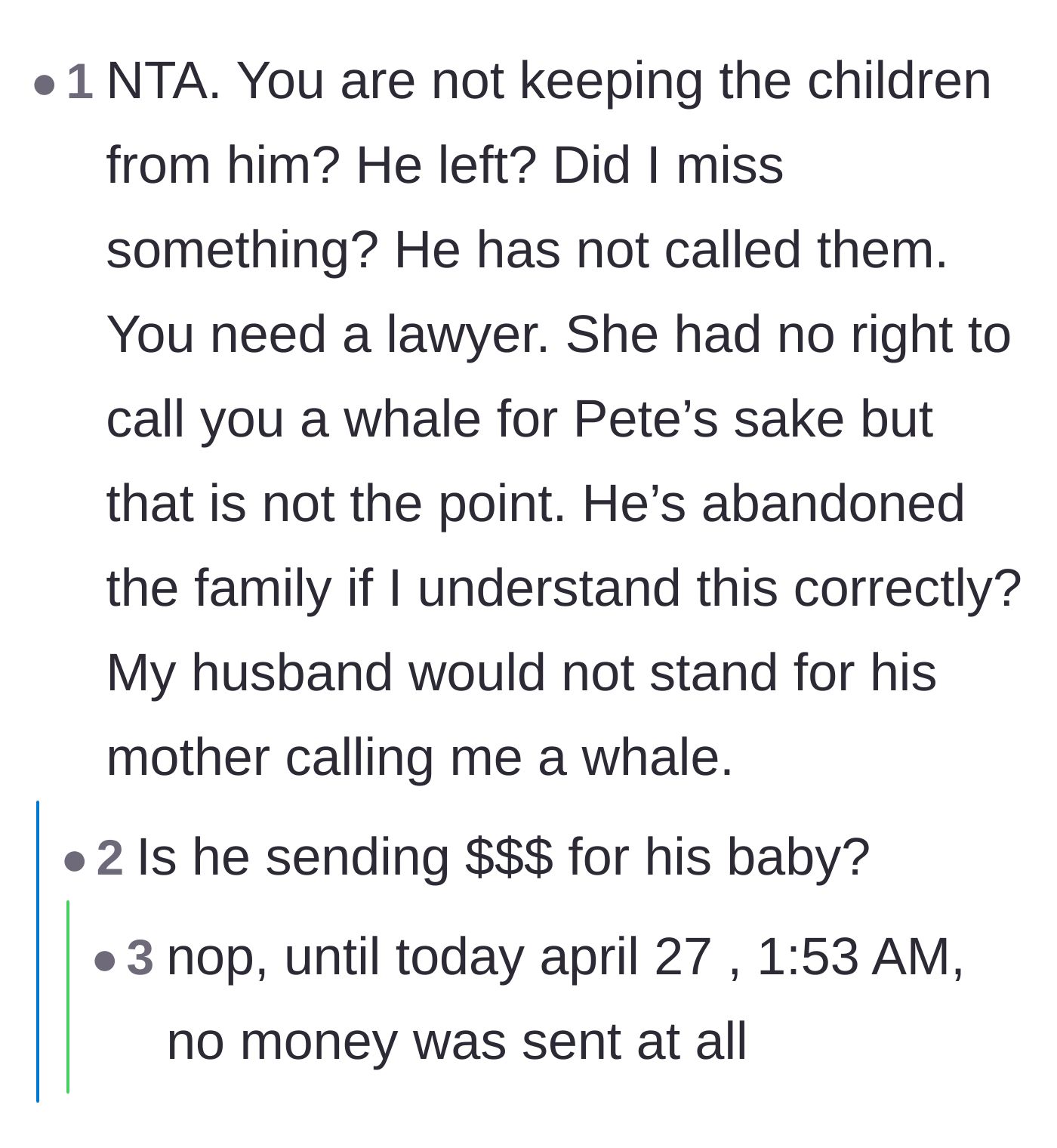 Comment thread 5 - Clarification that the mother isn't withholding the children, plus a painful confirmation that the husband hasn't provided any financial support.