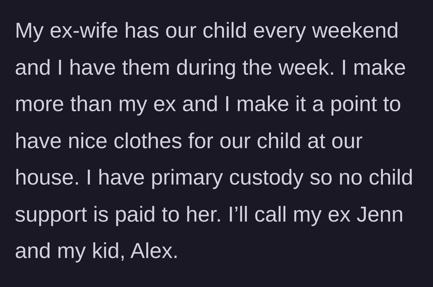 Story part 1 - A parent explains their primary custody arrangement and their commitment to buying nice clothes for their child.