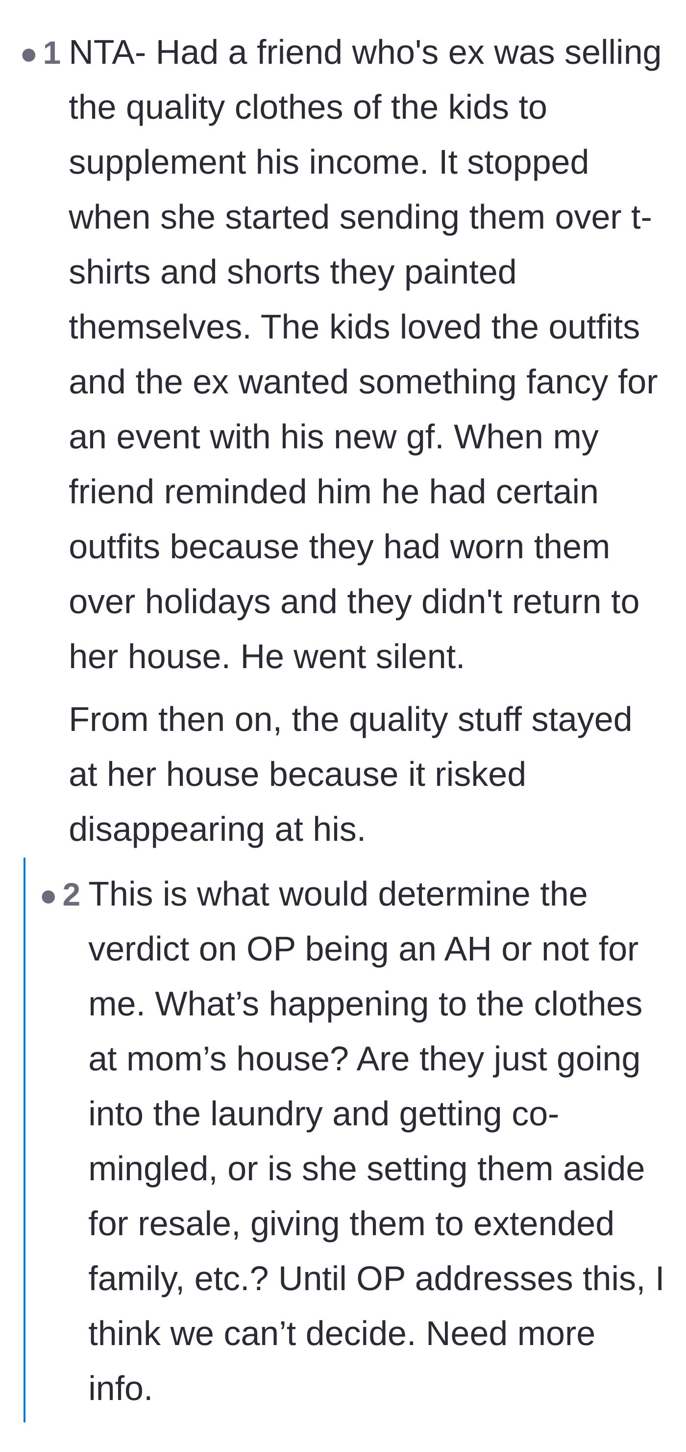 Comment thread 1 - A reader shares a story about stopping clothing theft with DIY outfits, sparking questions about the ex's motives.