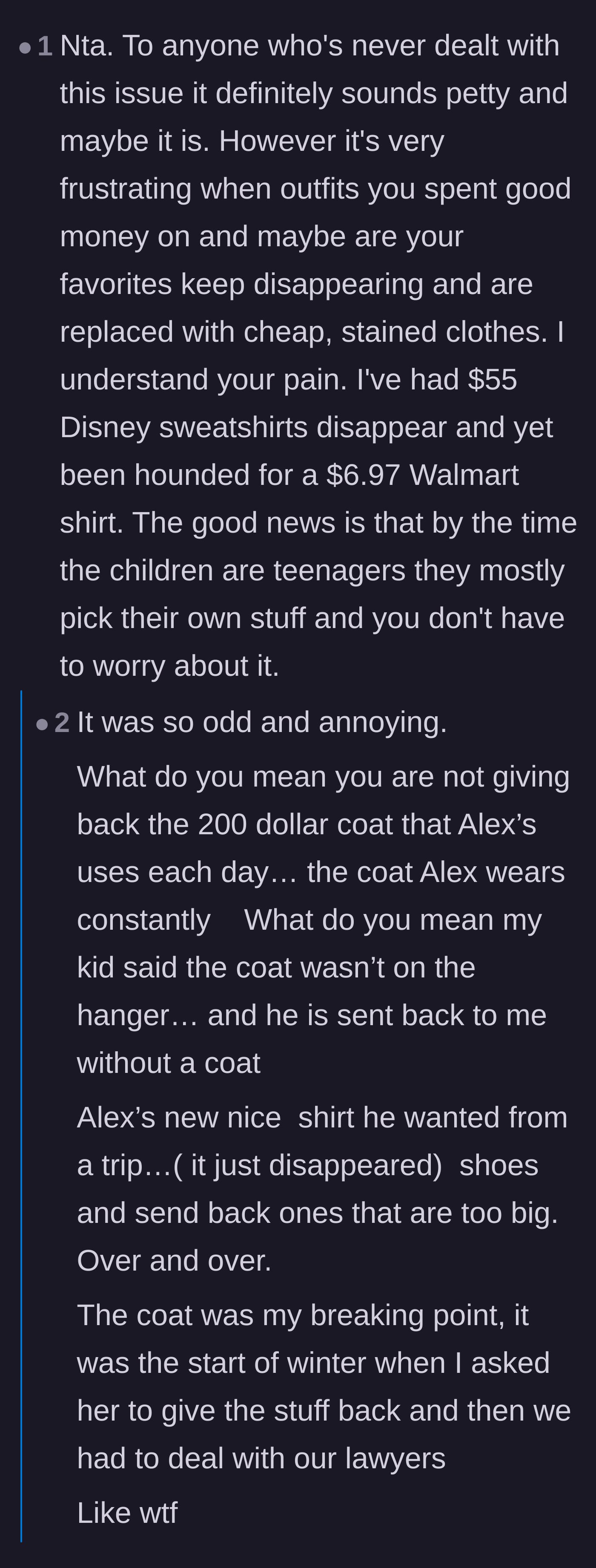 Comment thread 2 - The original poster vents in the replies about the heartbreaking loss of a $200 winter coat that started the legal battle.