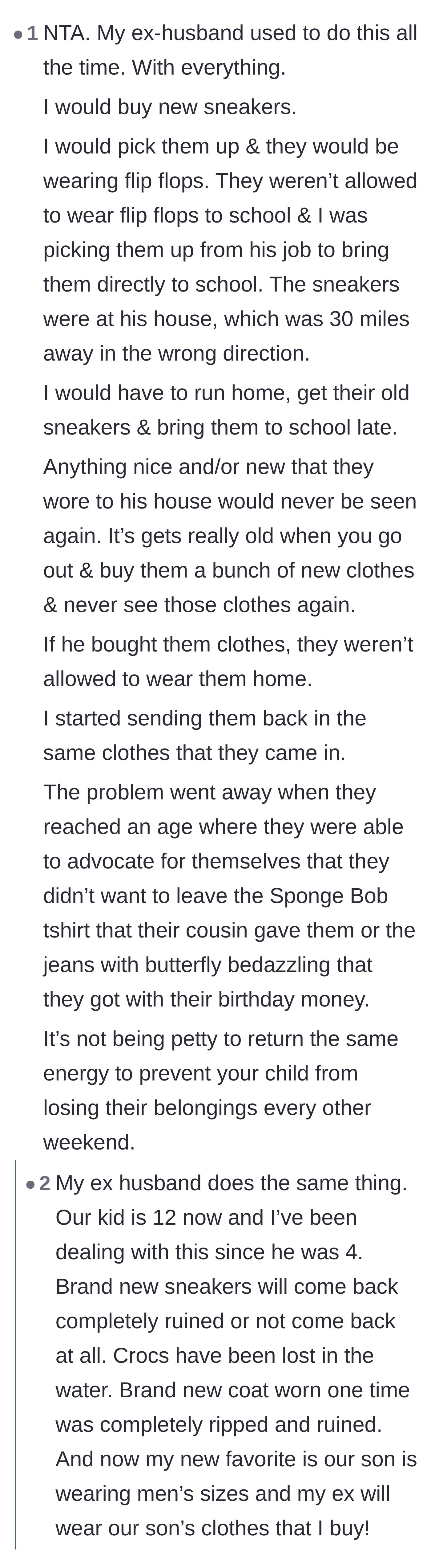Comment thread 3 - Readers swap deeply relatable horror stories about exes ruining or hoarding their kids' brand-new shoes and winter gear.