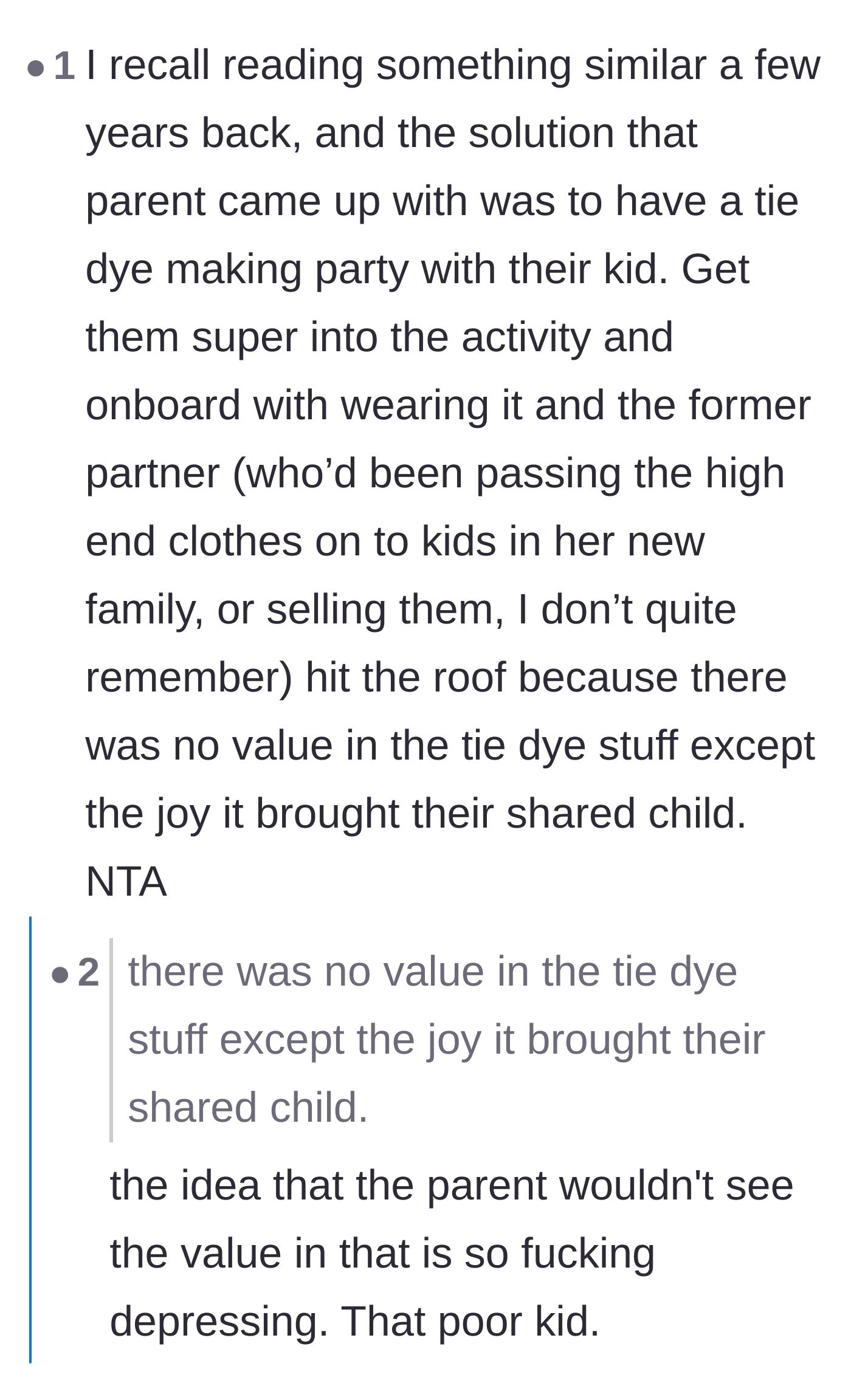 Comment thread 6 - A heartbreaking realization that an ex would rather have clothes with resale value than items that simply bring their child joy.