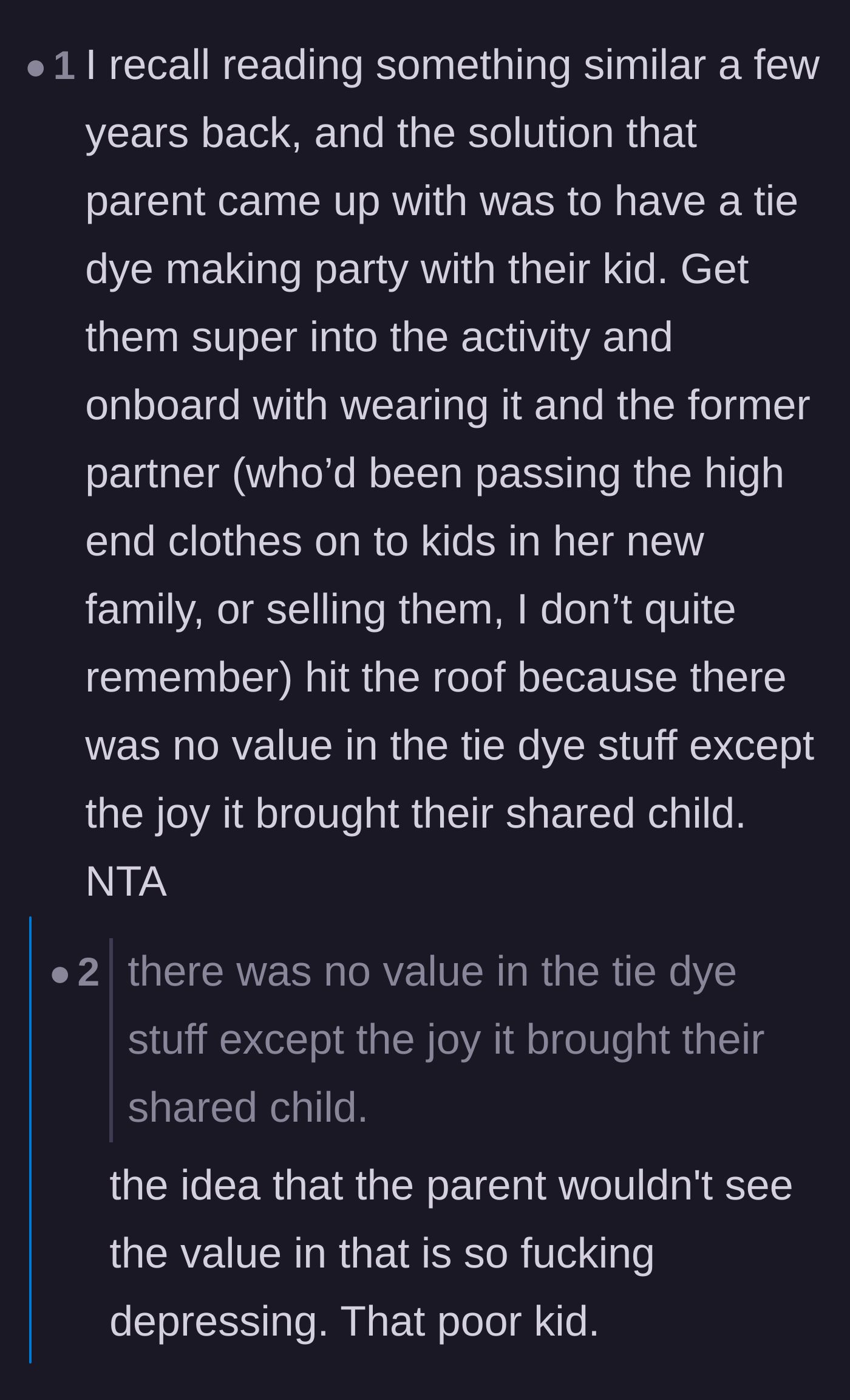 Comment thread 6 - A heartbreaking realization that an ex would rather have clothes with resale value than items that simply bring their child joy.