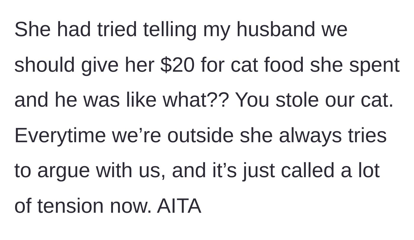 Story part 5 - The neighbor aggressively demanding $20 for cat food from the owner's husband while continuing to harass them outdoors.