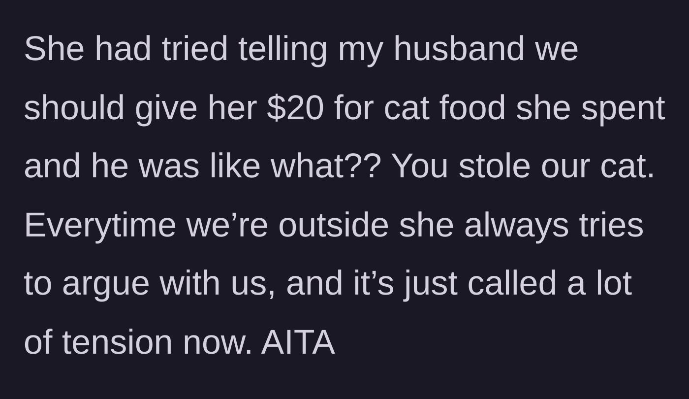 Story part 5 - The neighbor aggressively demanding $20 for cat food from the owner's husband while continuing to harass them outdoors.