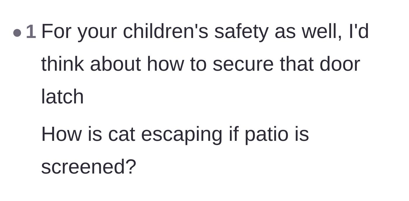 Comment thread 2 - Questions regarding the children's safety and the mechanics of the unlatched screened patio door.