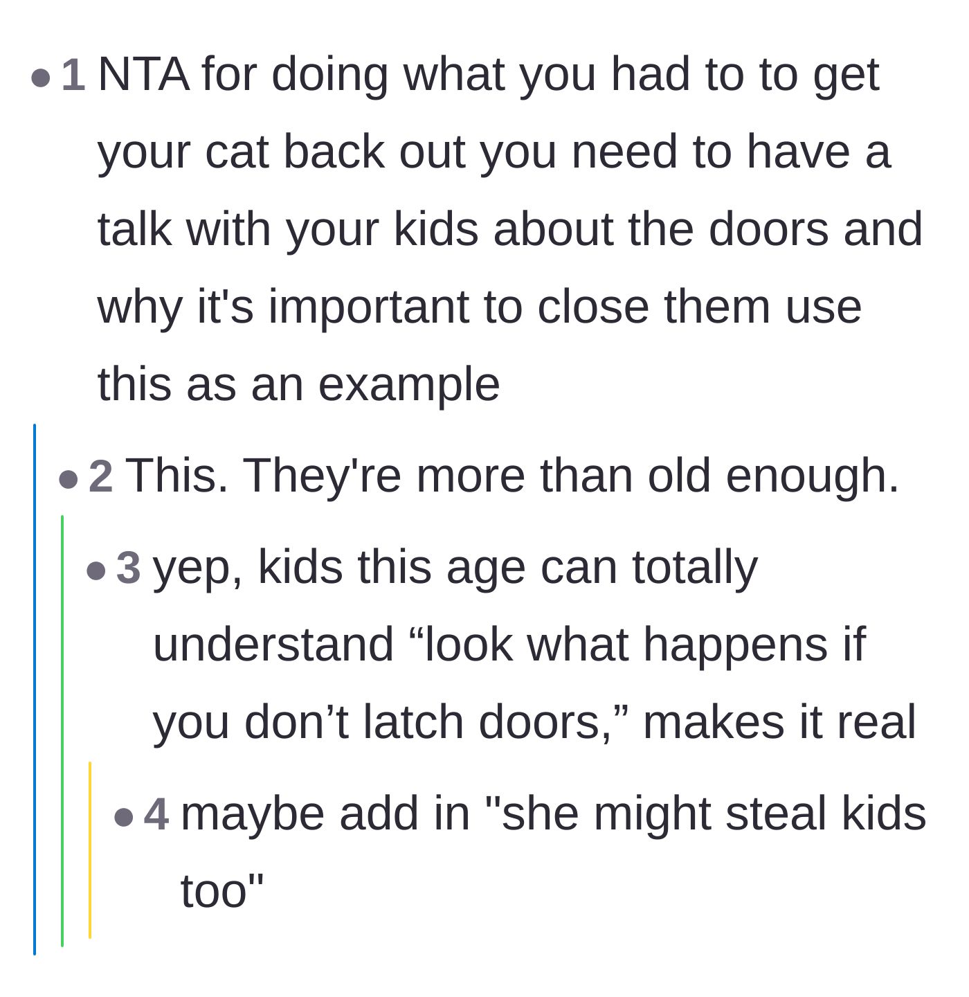 Comment thread 3 - Discussion on using the neighbor's pet theft as a hard lesson in accountability for the children.