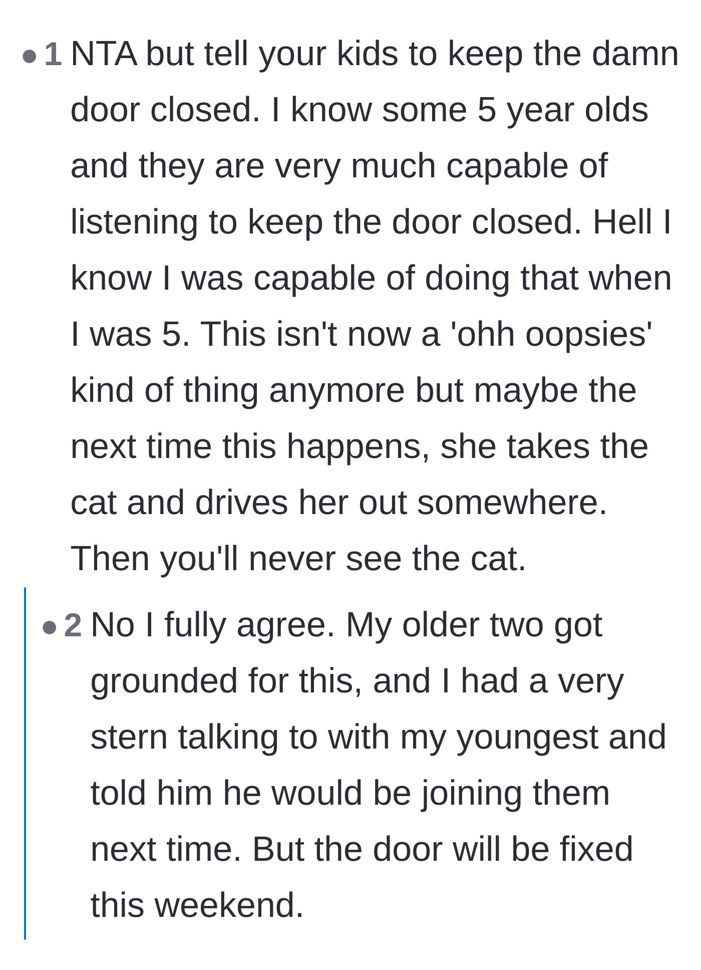 Comment thread 4 - Stern warnings about the neighbor potentially relocating the cat permanently if the door isn't secured.