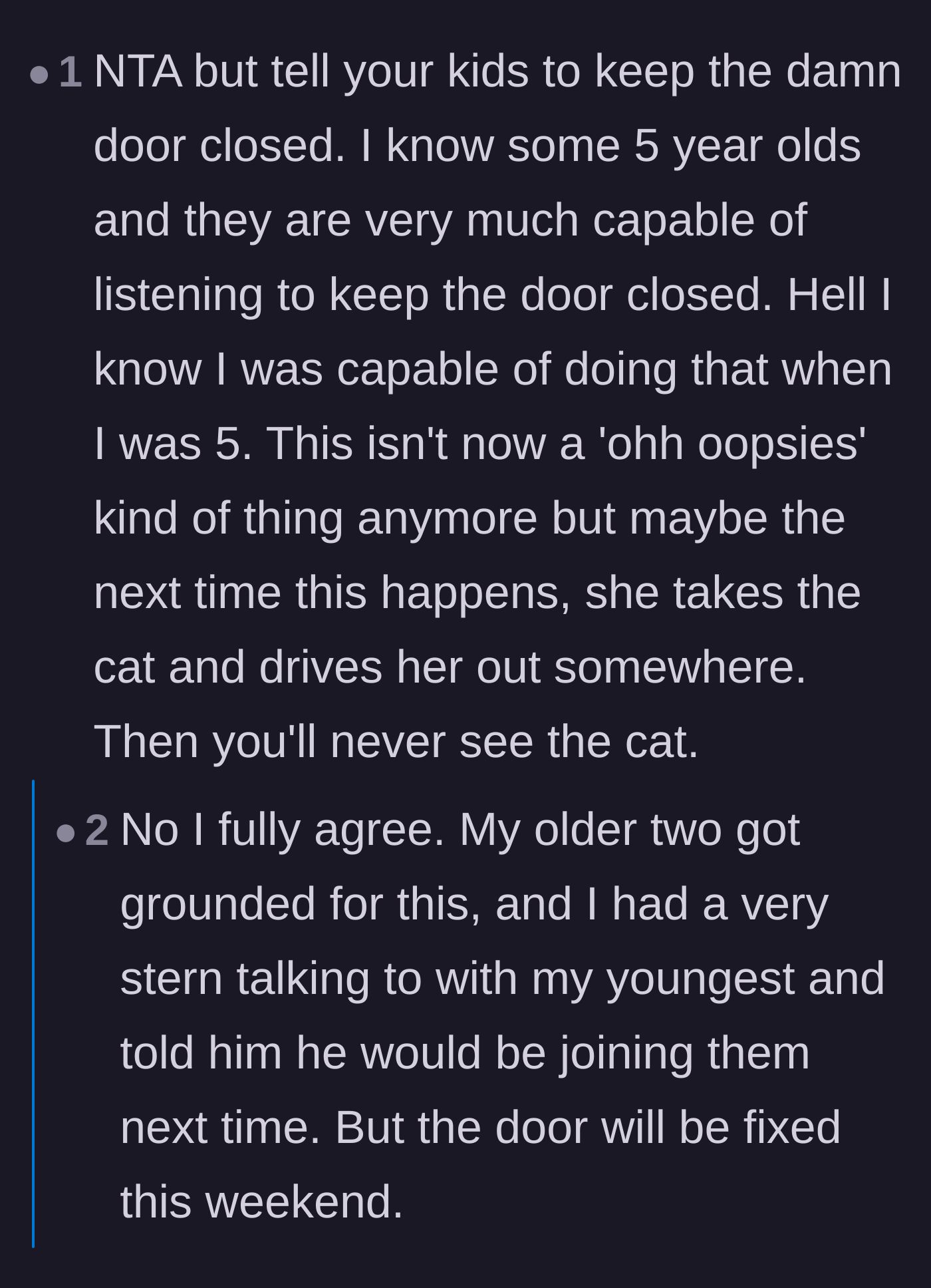 Comment thread 4 - Stern warnings about the neighbor potentially relocating the cat permanently if the door isn't secured.