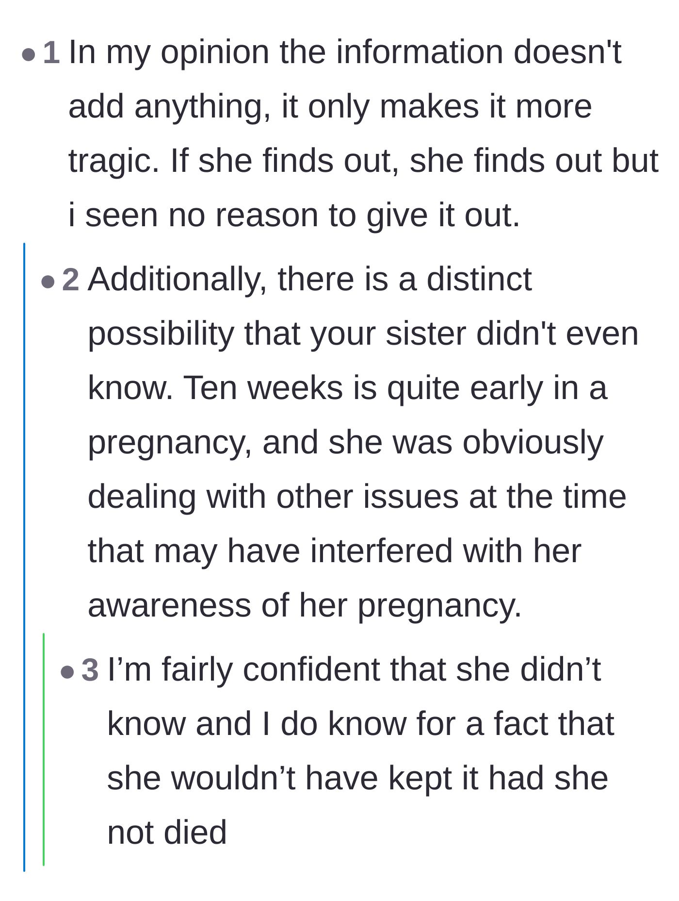 Comment thread 1 - Readers discuss how the sister likely didn't even know she was pregnant before passing.