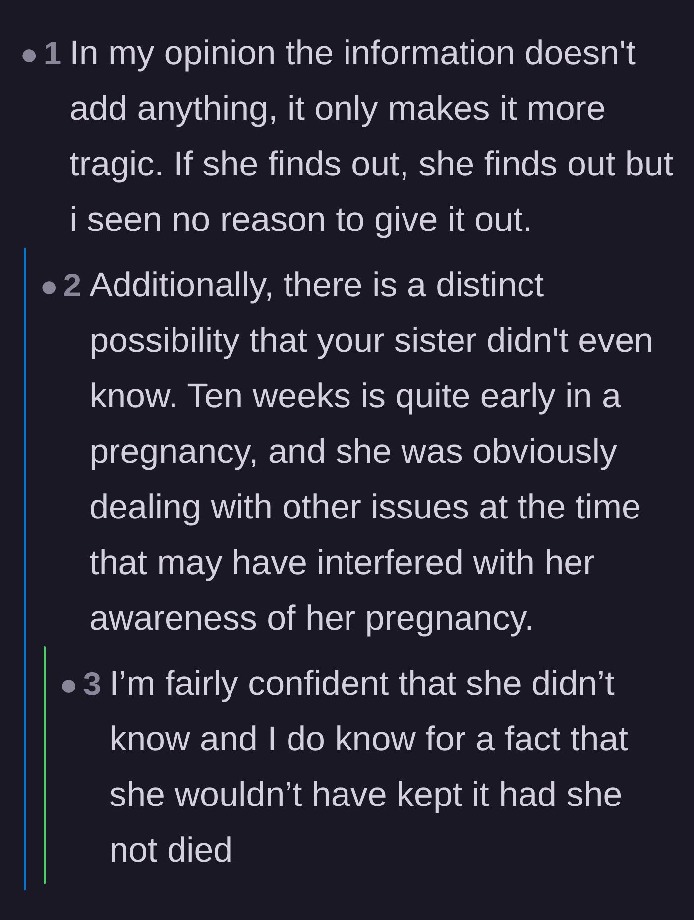 Comment thread 1 - Readers discuss how the sister likely didn't even know she was pregnant before passing.