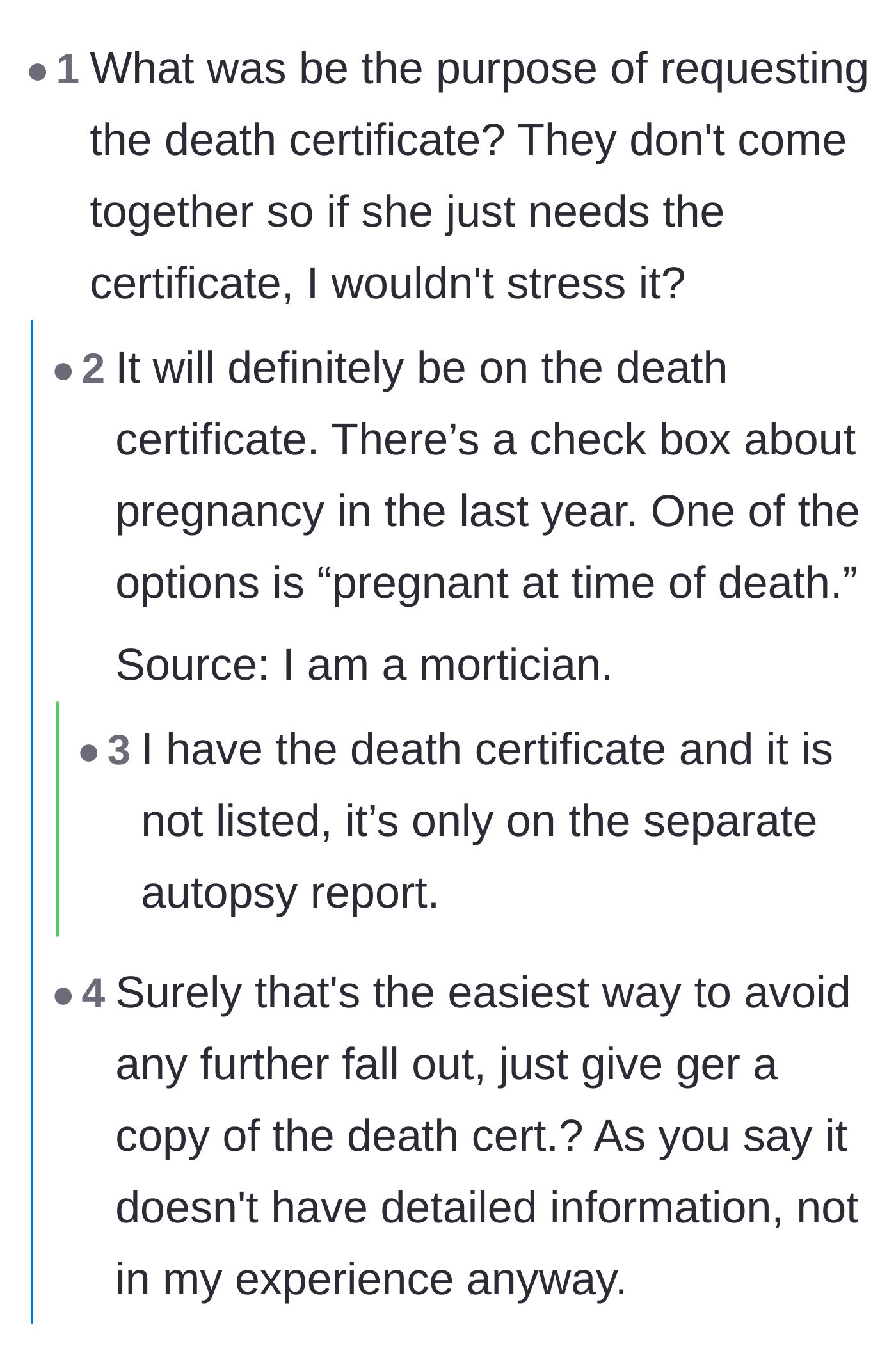 Comment thread 2 - A debate involving a mortician about whether pregnancy statuses are printed directly on death certificates.